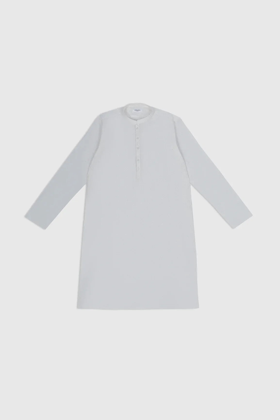 An off white cotton embroidered kurta trouser for kids, with button-down front and full sleeves.