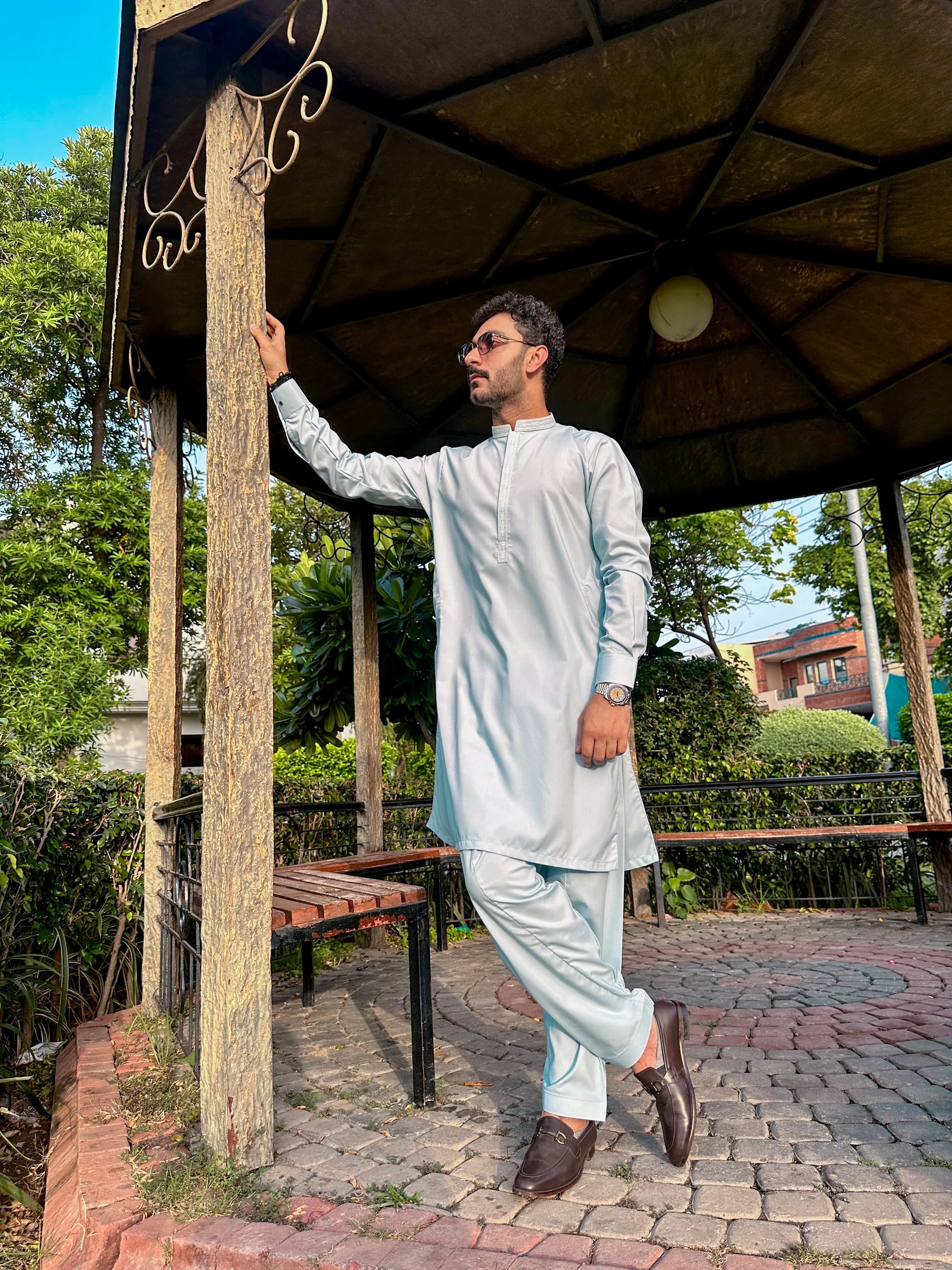 Formal Sky Blue Kurta Shalwar - Collar Neck Embroidered - Men - Muraqsh -- Menswear
