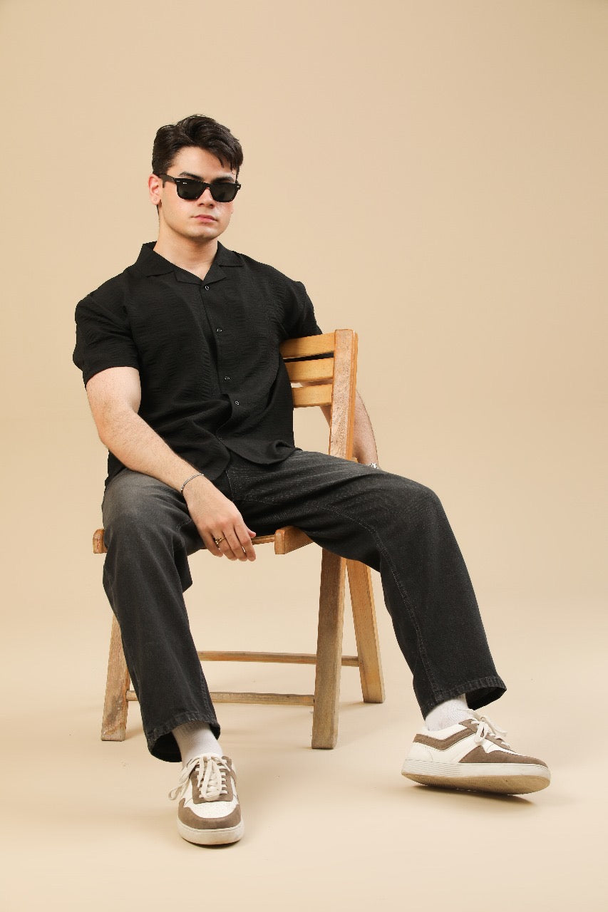 Black Textured Oversized Resort Collar Button Down - Men