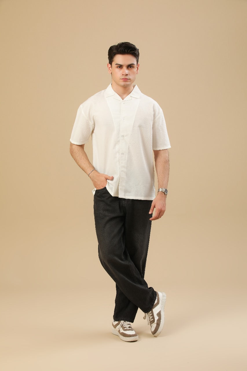 Off White Textured Oversized Resort Collar Button Down – Men