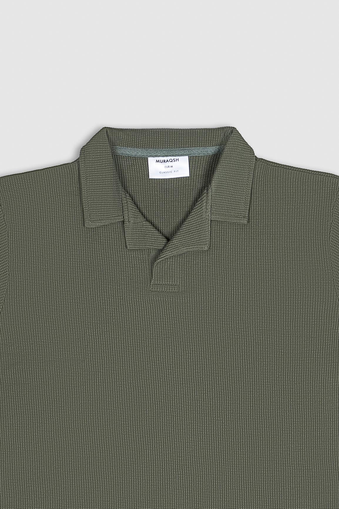 Olive Green Waffle Revere Polo - Men - Muraqsh -- Men Western