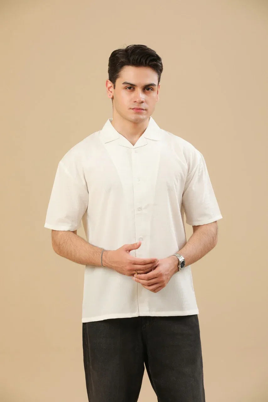 Off White Textured Oversized Resort Collar Button Down – Men - Muraqsh -- Men Western