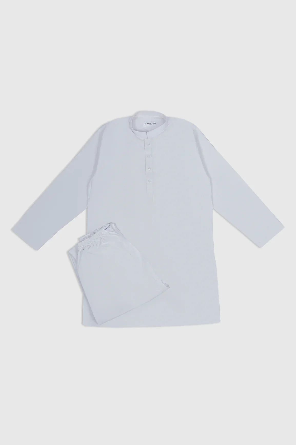 Off white kurta and trouser set for kids, including a mandarin collar and full sleeves.