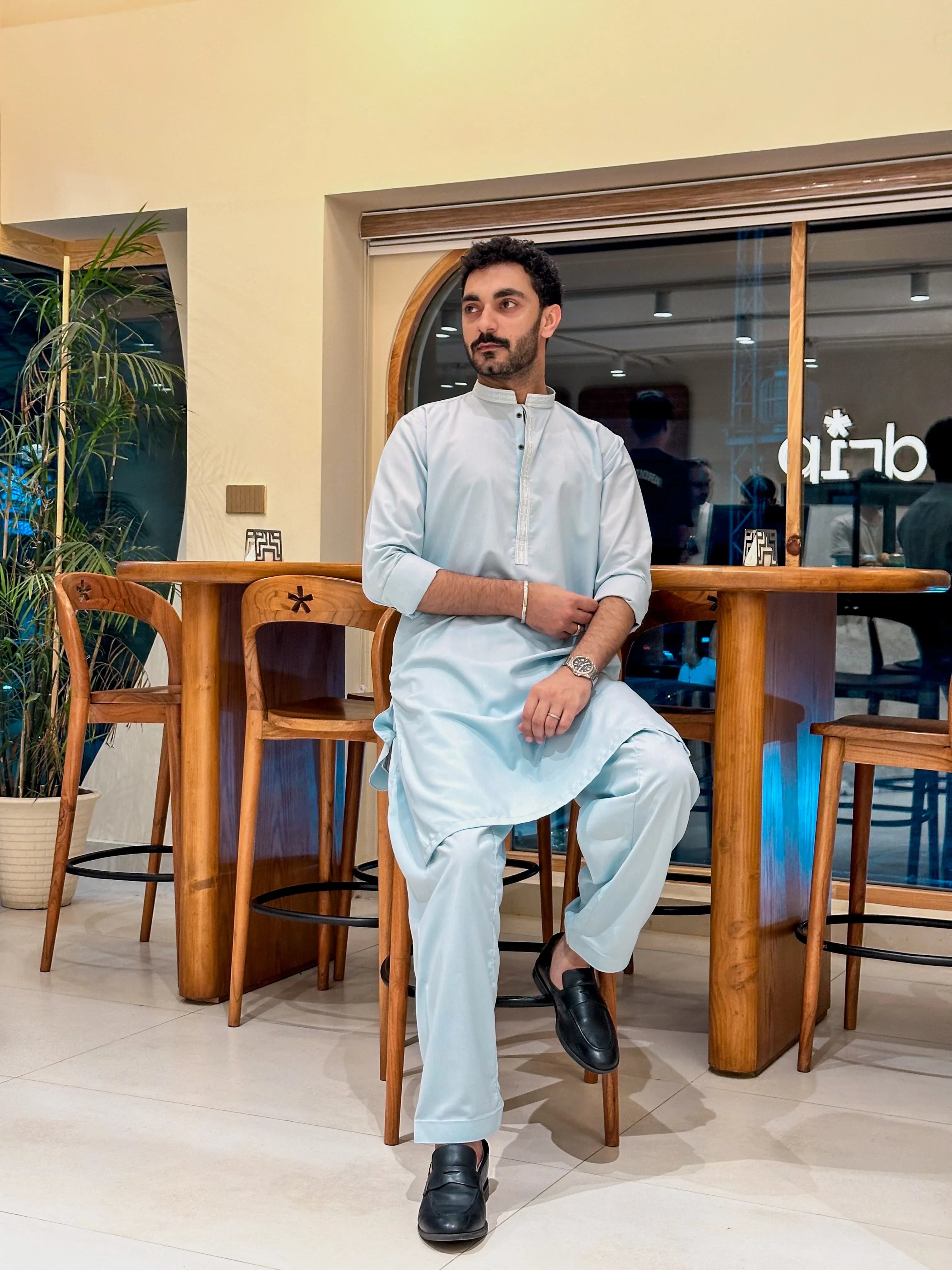 Formal Sky Blue Kurta Shalwar - Collar Neck Embroidered - Men - Muraqsh -- Menswear