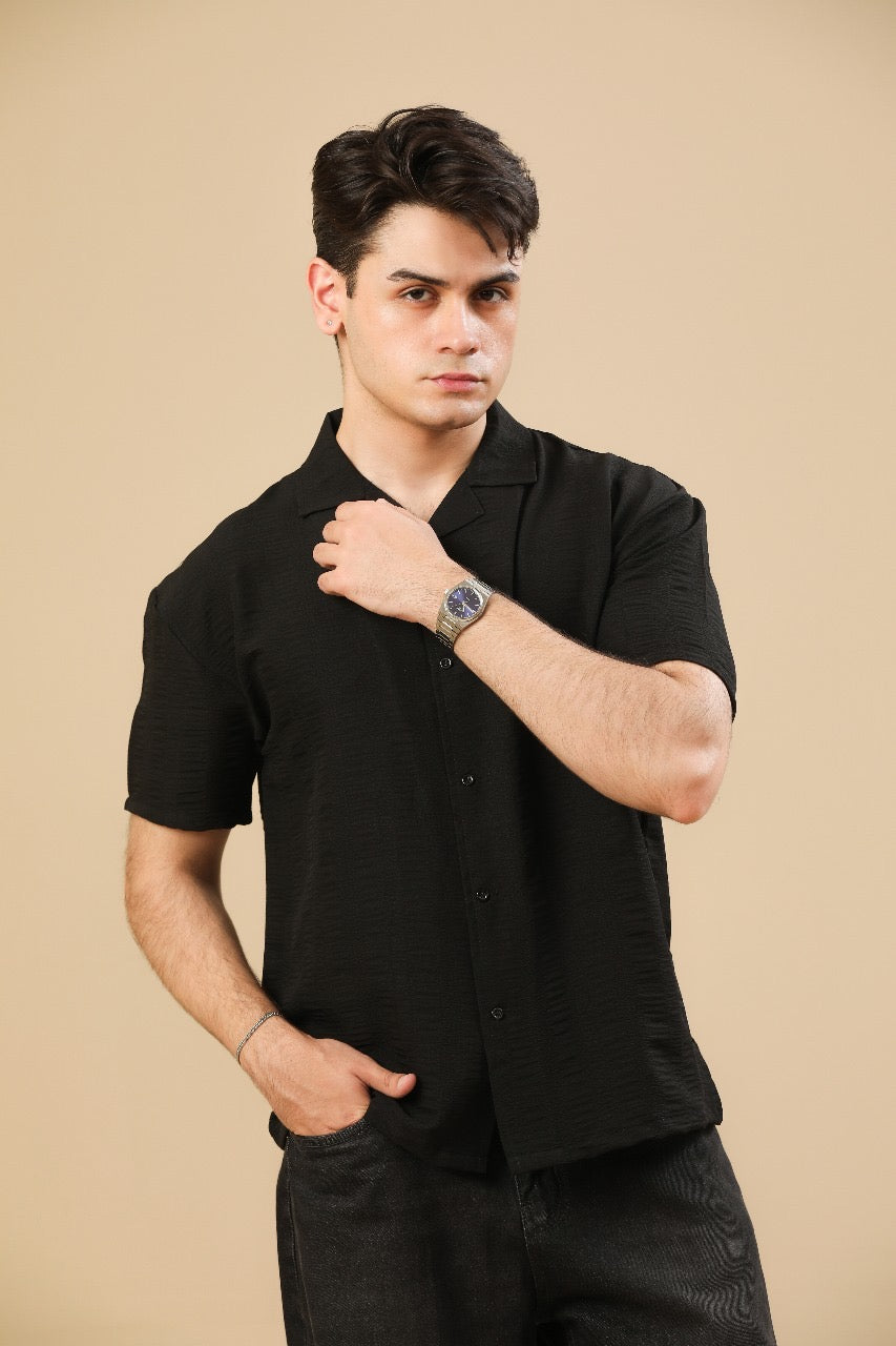 Black Textured Oversized Resort Collar Button Down - Men