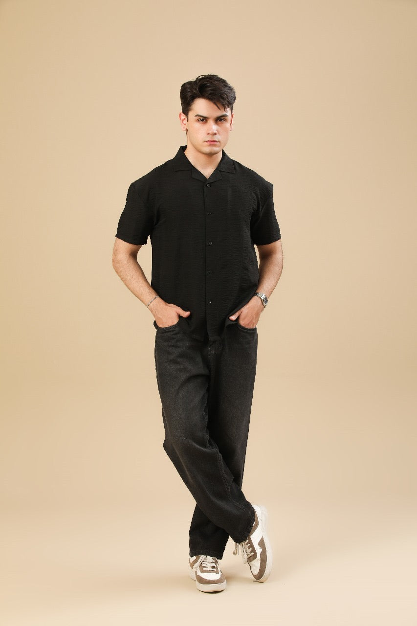 Black Textured Oversized Resort Collar Button Down - Men