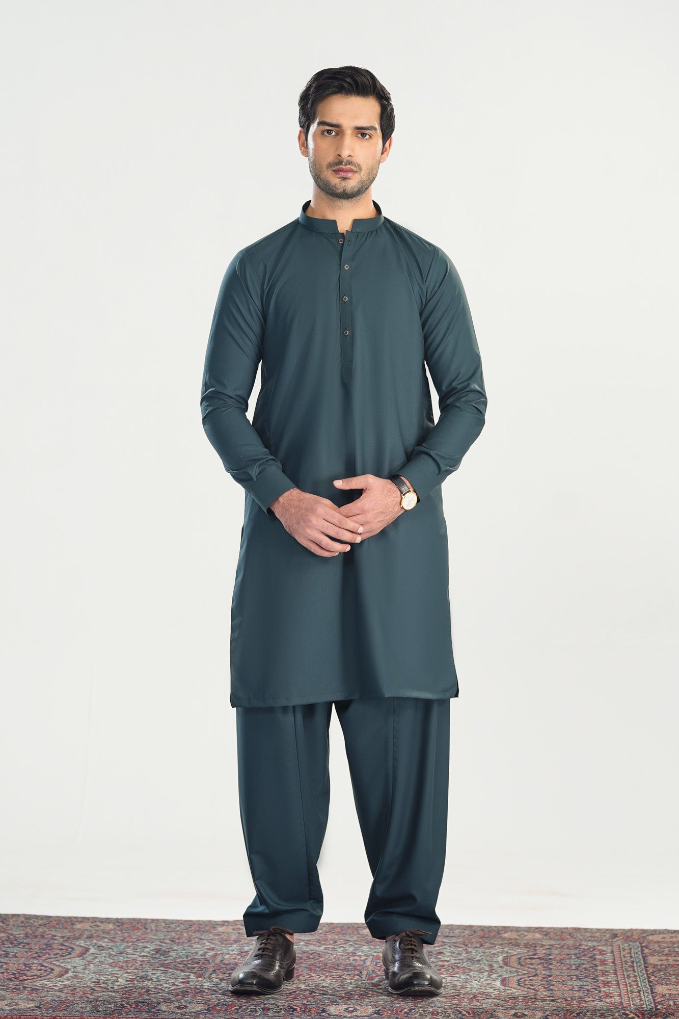 Dark Green Blended Suiting Kameez Shalwar - Men