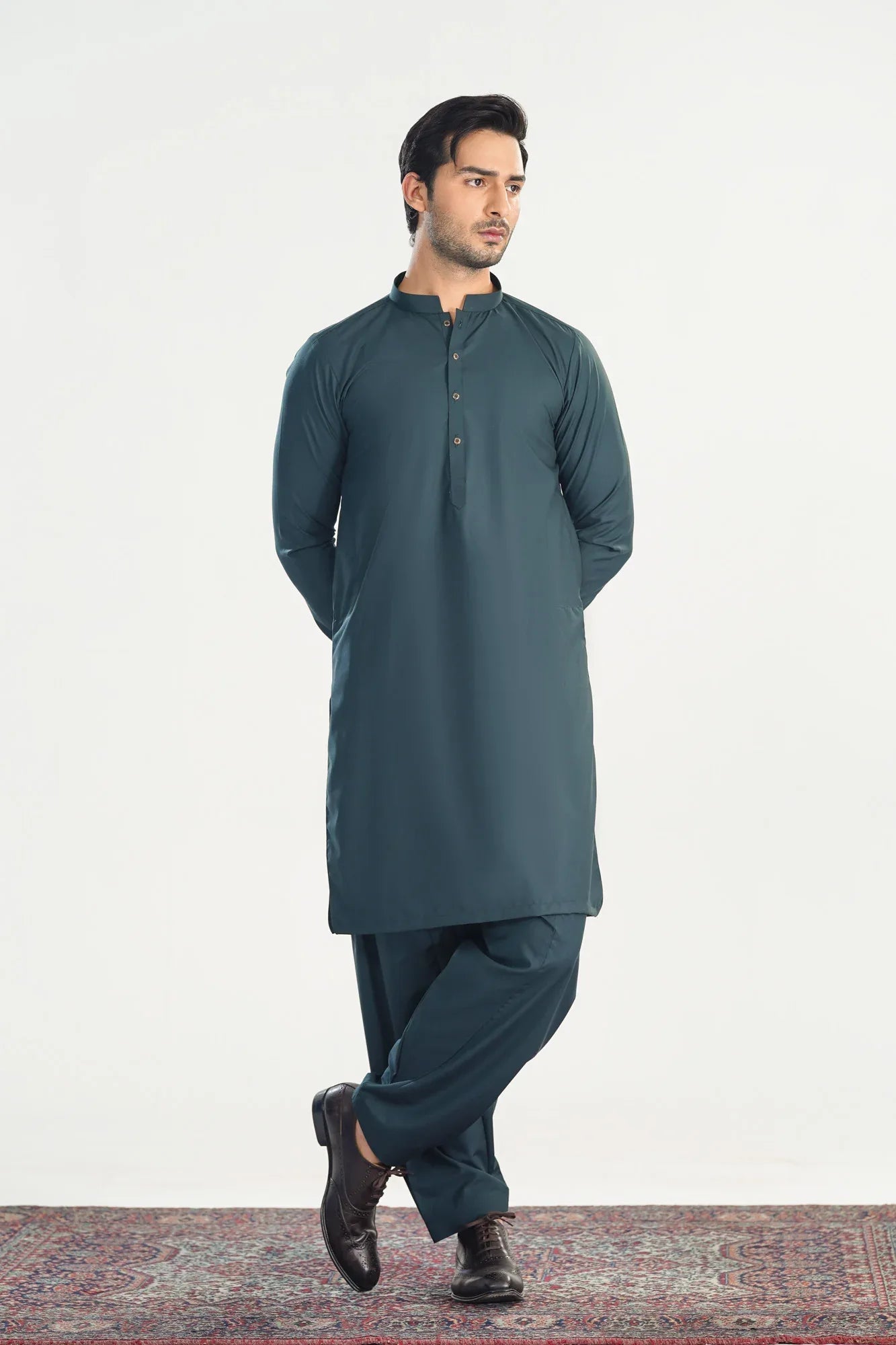 Dark Green Kameez Shalwar with Blended Waistcoat - Straight Cut - Men - Muraqsh -- Menswear