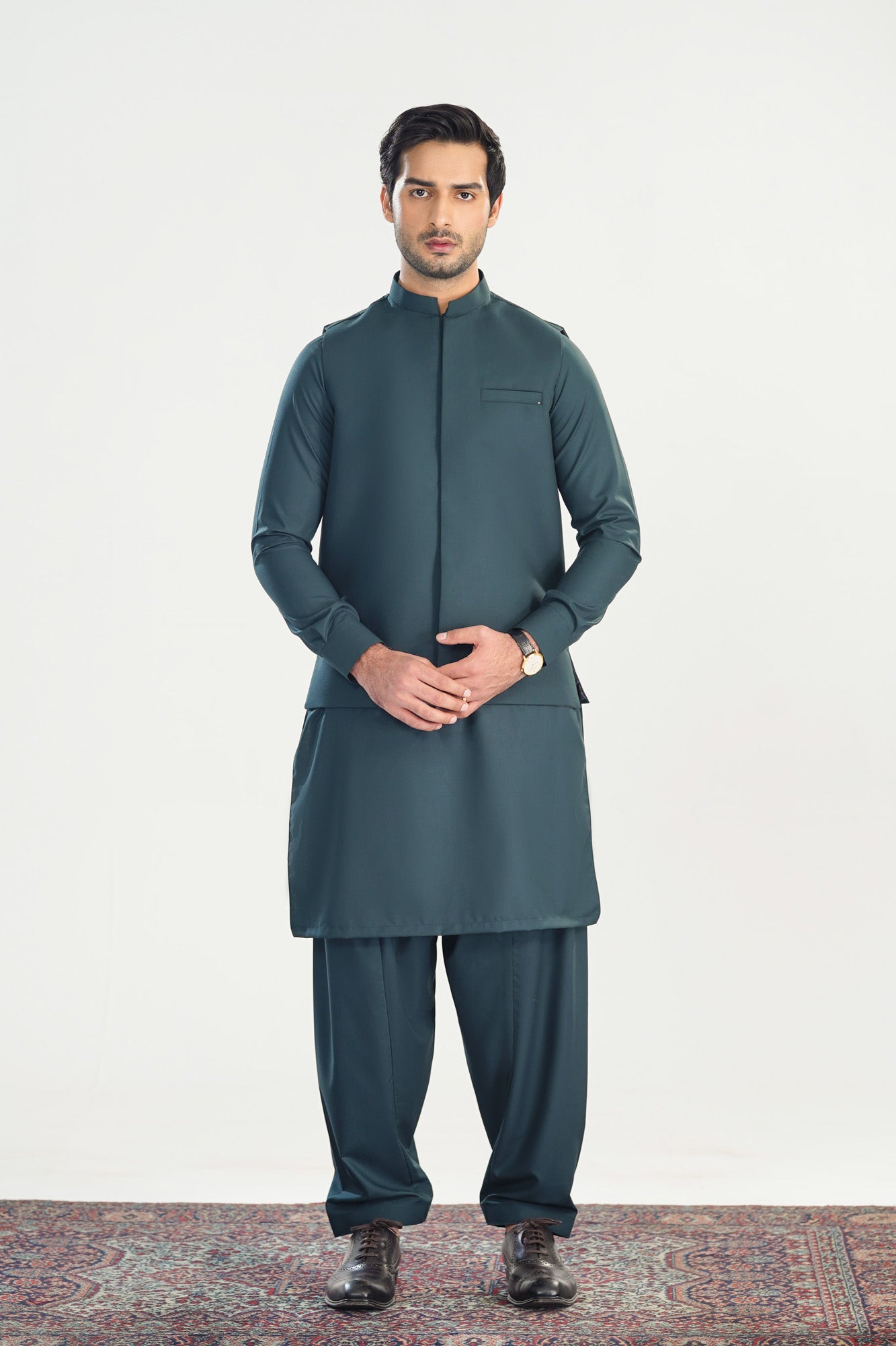 Dark Green Kameez Shalwar with Blended Waistcoat - Straight Cut - Men