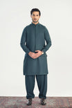Dark Green Kameez Shalwar with Blended Waistcoat - Straight Cut - Men - Muraqsh -- Menswear
