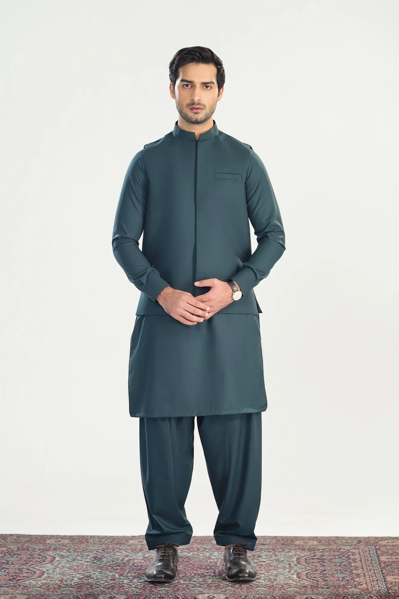Dark Green Kameez Shalwar with Blended Waistcoat - Straight Cut - Men - Muraqsh -- Menswear