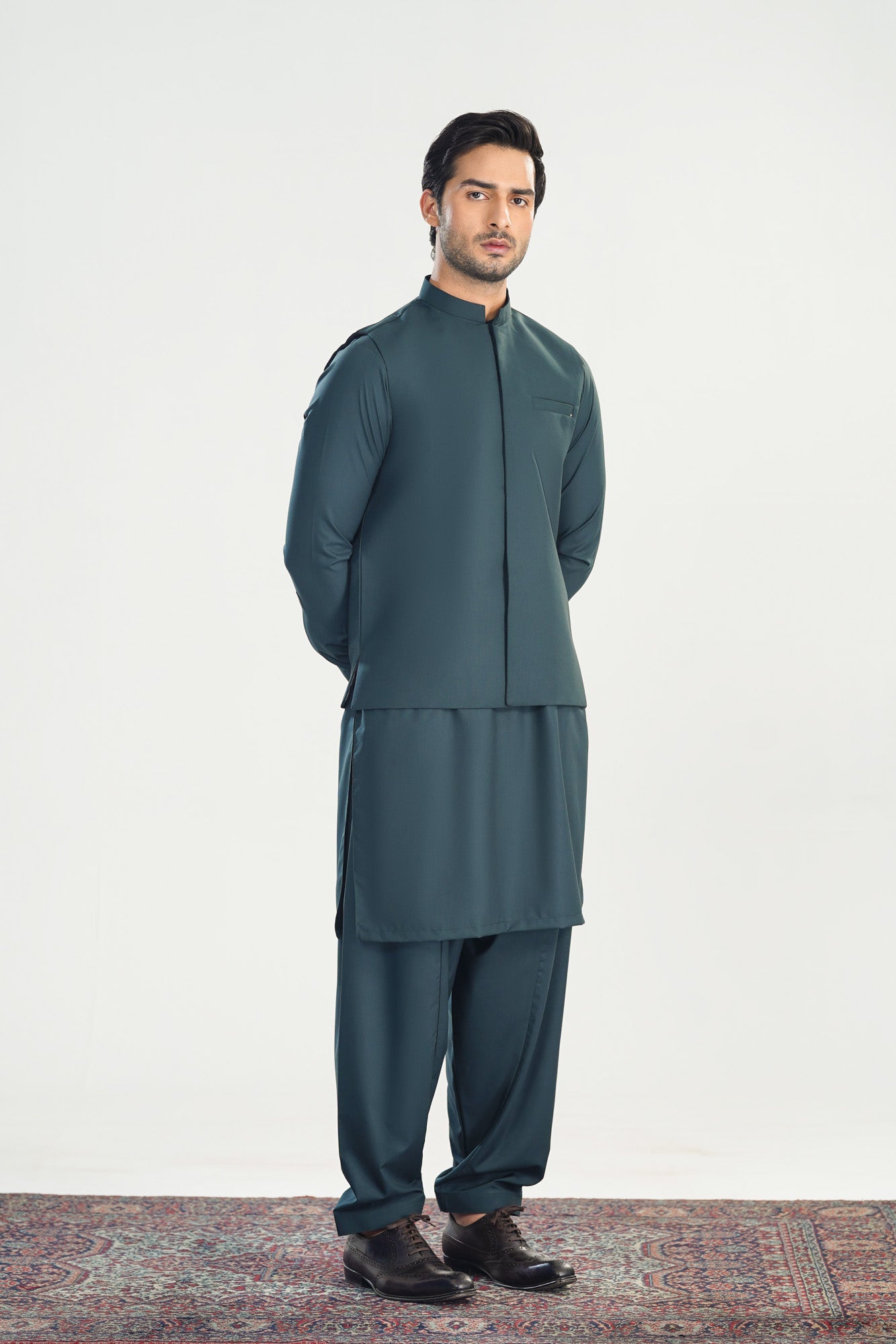 Dark Green Kameez Shalwar with Blended Waistcoat - Straight Cut - Men
