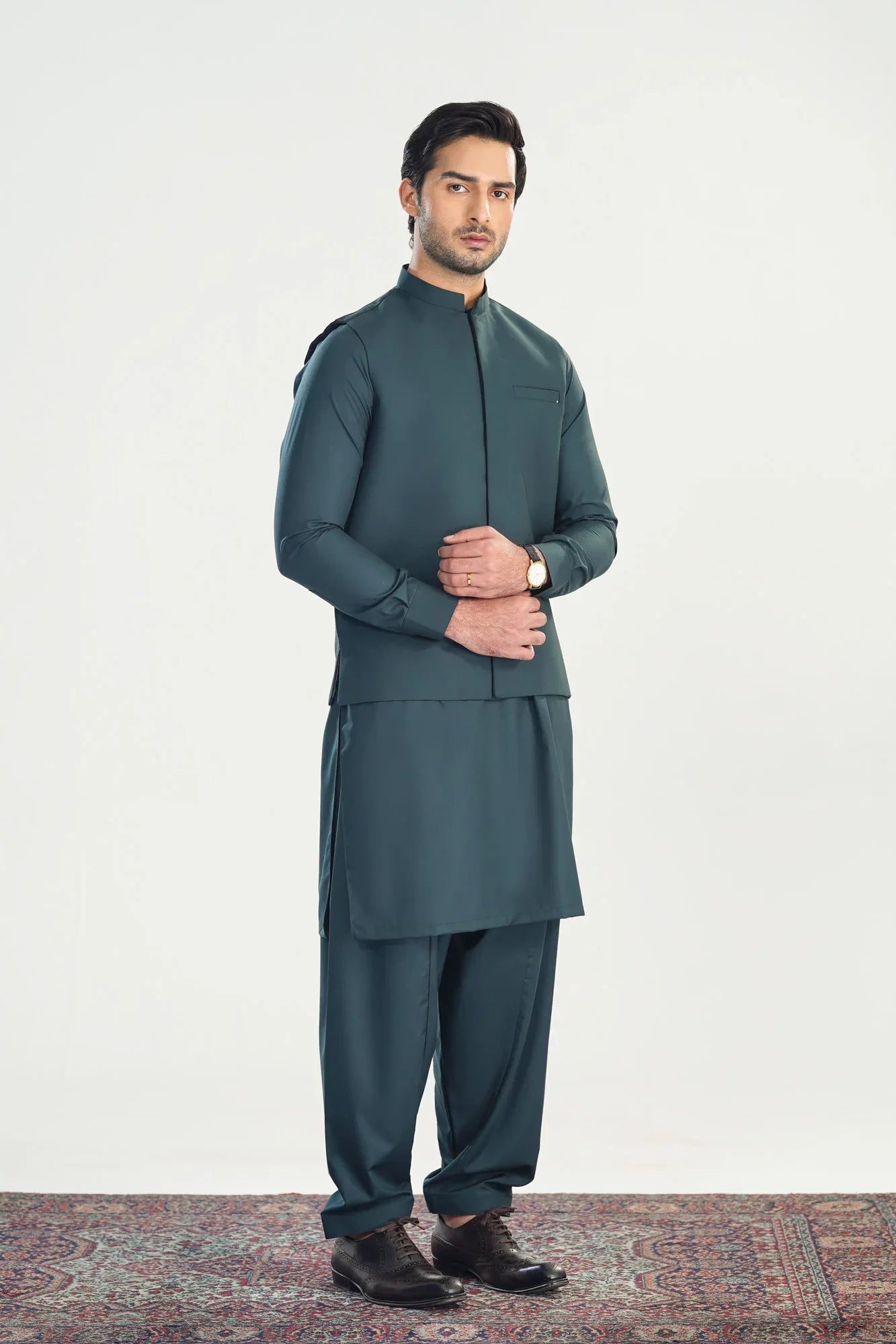 Dark Green Kameez Shalwar with Blended Waistcoat - Straight Cut - Men - Muraqsh -- Menswear