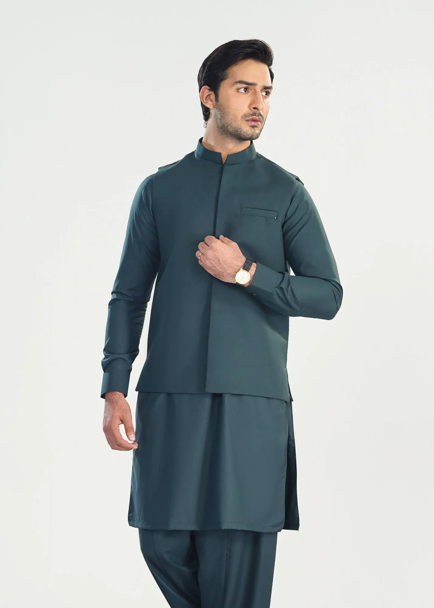Dark Green Kameez Shalwar with Blended Waistcoat - Straight Cut - Men - Muraqsh -- Menswear
