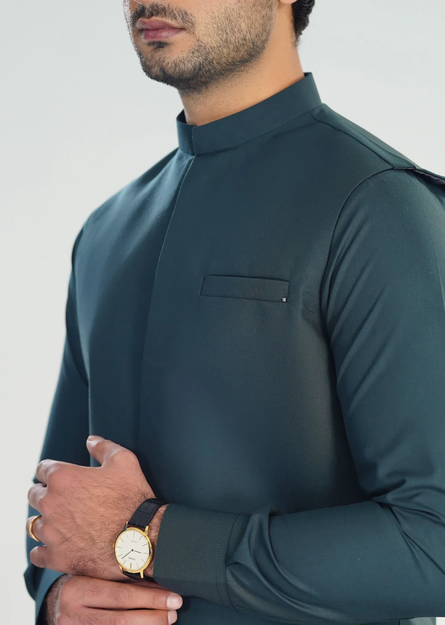 Dark Green Kameez Shalwar with Blended Waistcoat - Straight Cut - Men - Muraqsh -- Menswear