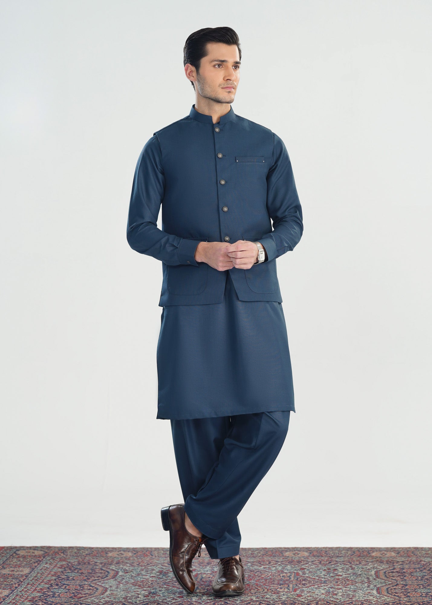 Midnight Blue Kameez Shalwar with Blended Waistcoat - A-Line Cut - Men