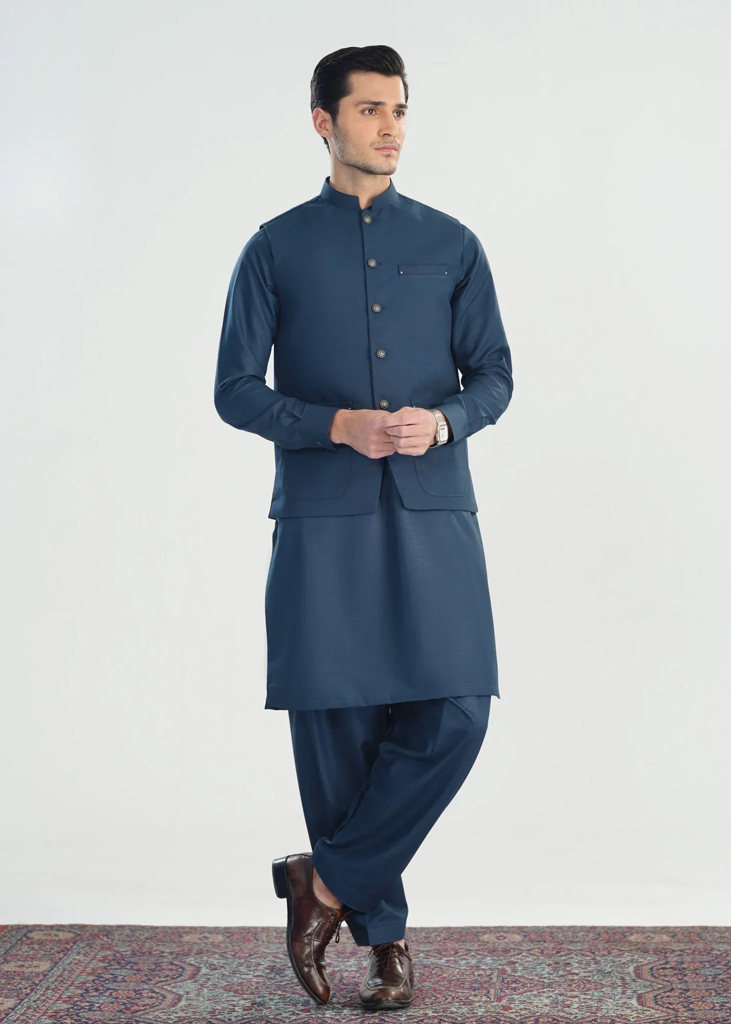 Midnight Blue Kameez Shalwar with Blended Waistcoat - A-Line Cut - Men - Muraqsh -- Menswear