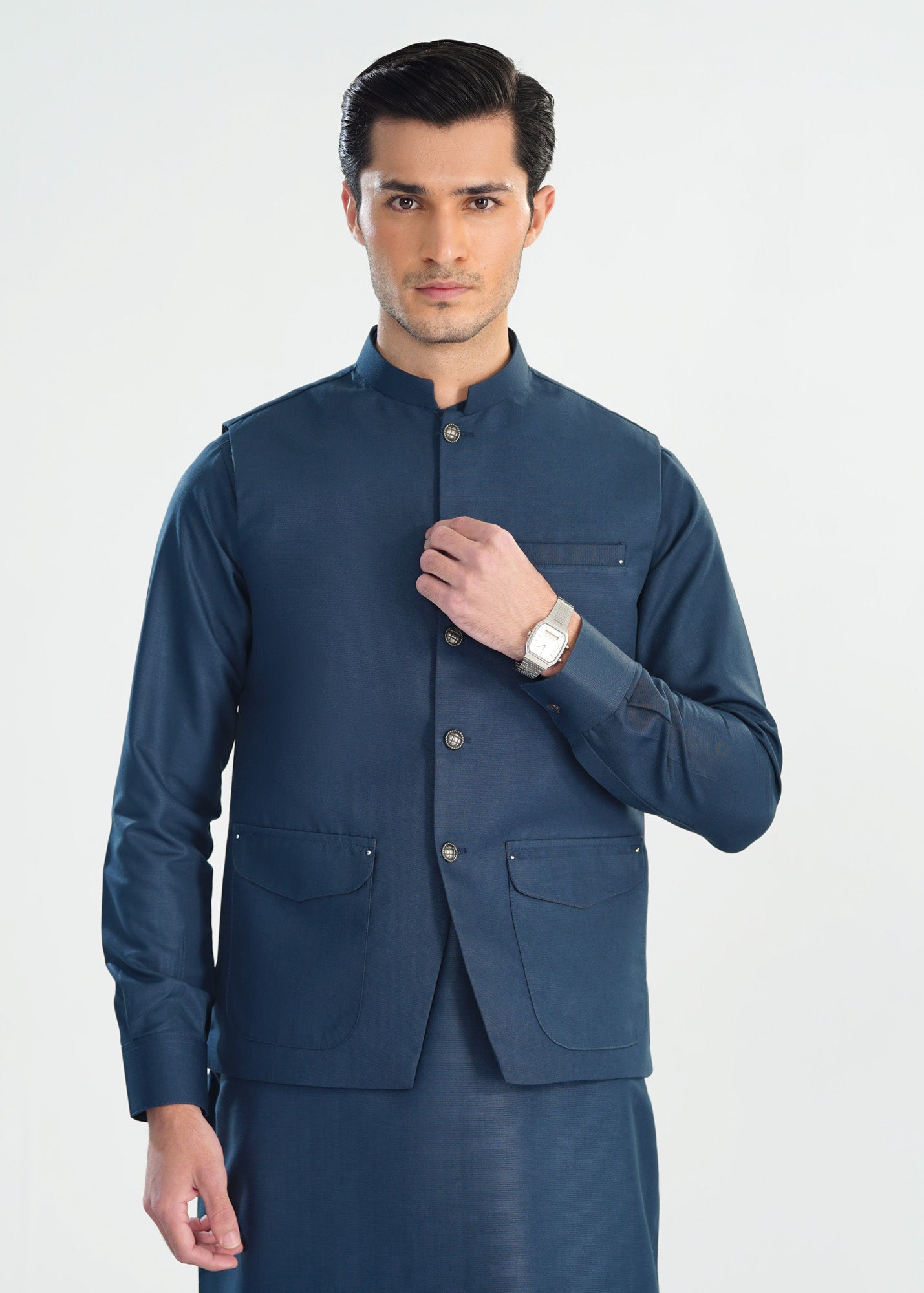 Midnight Blue Kameez Shalwar with Blended Waistcoat - A-Line Cut - Men