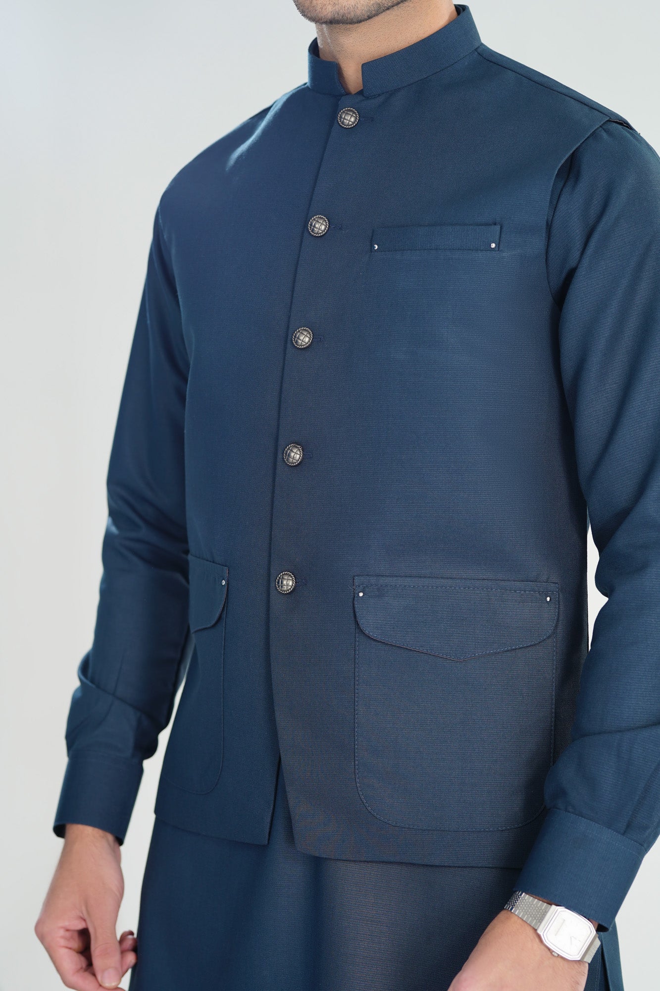 Midnight Blue Kameez Shalwar with Blended Waistcoat - A-Line Cut - Men