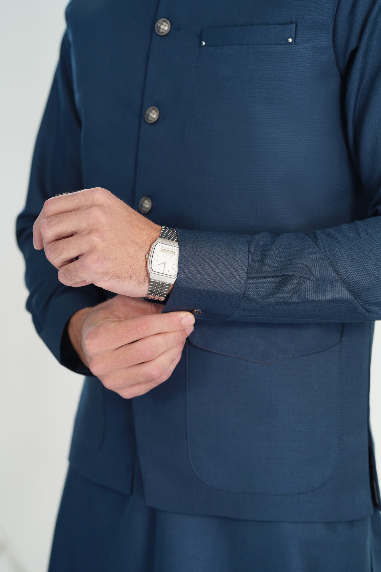 Midnight Blue Kameez Shalwar with Blended Waistcoat - A-Line Cut - Men