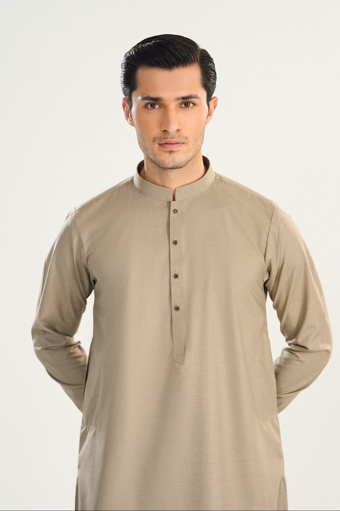 Sand Beige Blended Suiting Kameez Shalwar - Men