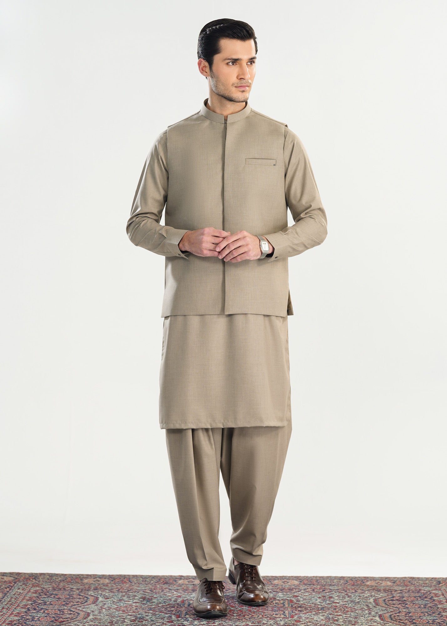 Sand Beige Kameez Shalwar with Blended Waistcoat - Straight Cut - Men