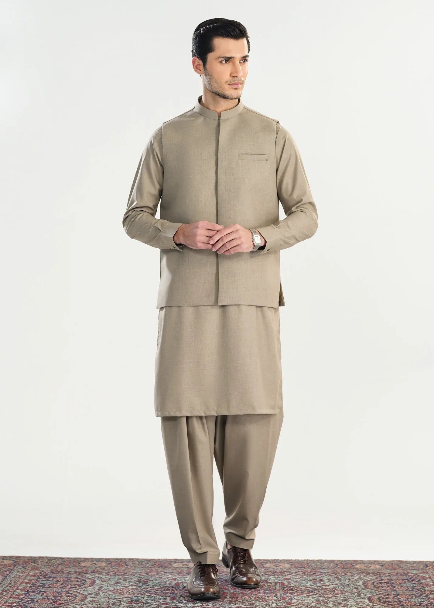 Sand Beige Kameez Shalwar with Blended Waistcoat - Straight Cut - Men - Muraqsh -- Menswear