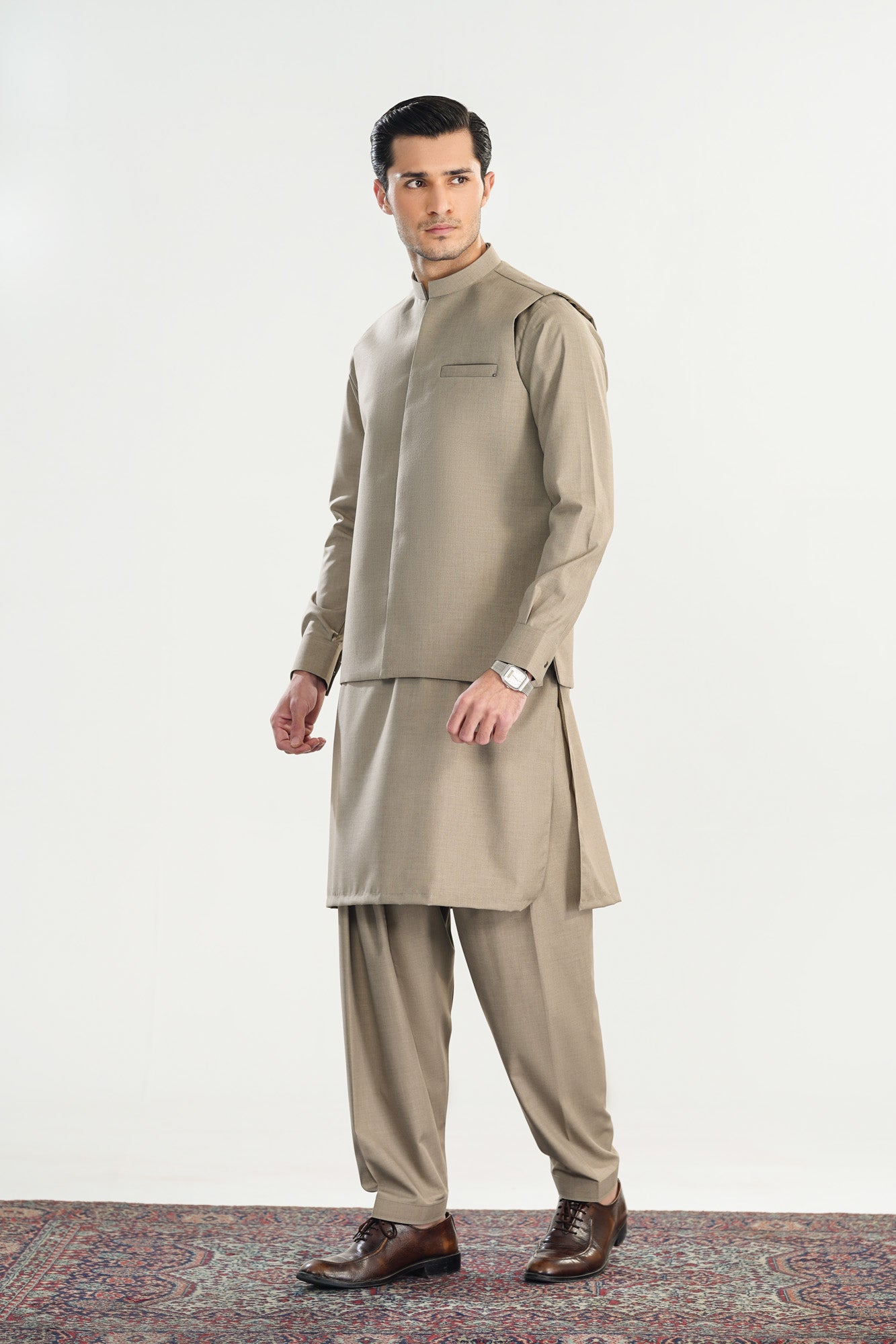 Sand Beige Kameez Shalwar with Blended Waistcoat - Straight Cut - Men