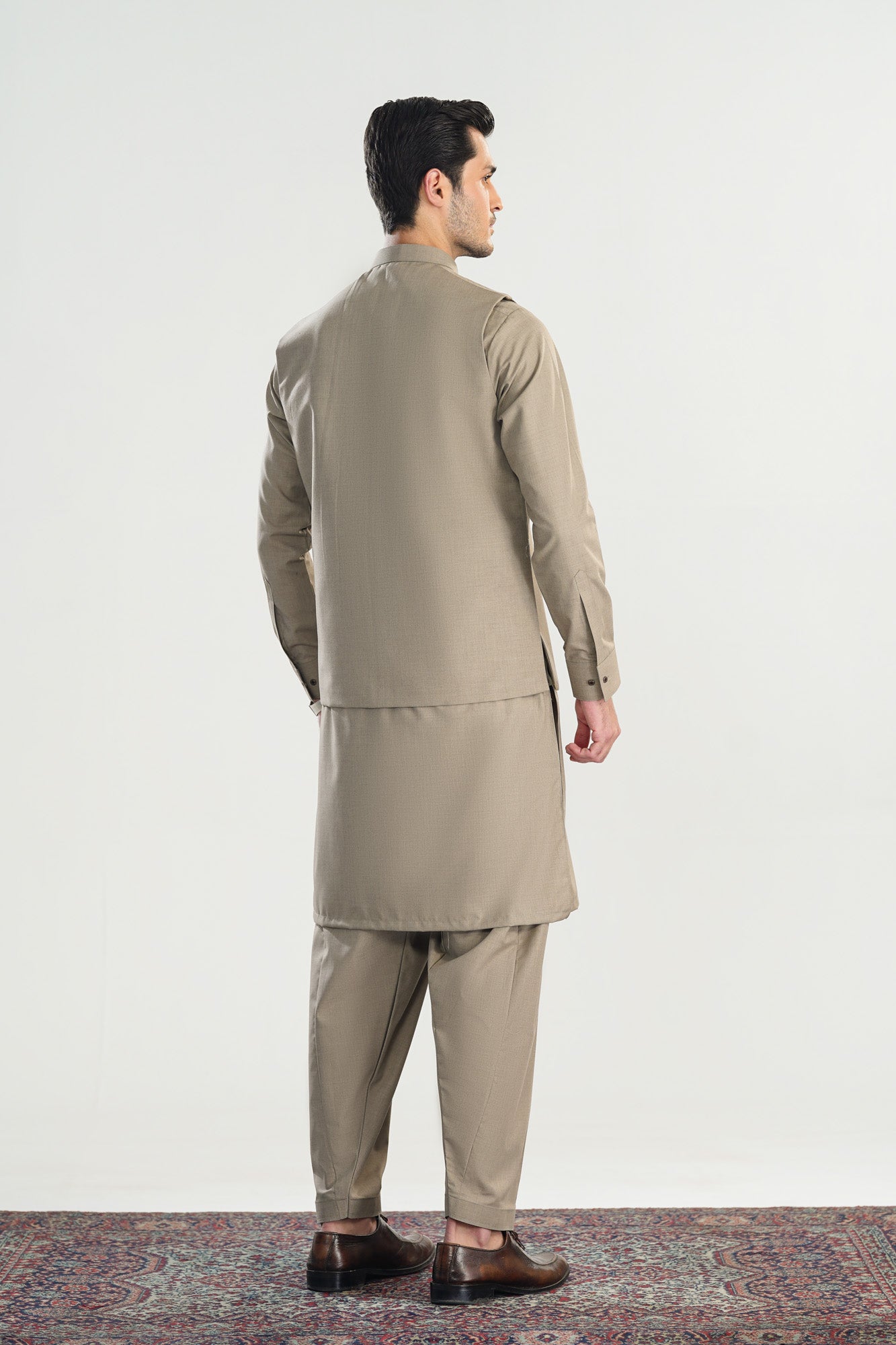Sand Beige Kameez Shalwar with Blended Waistcoat - Straight Cut - Men
