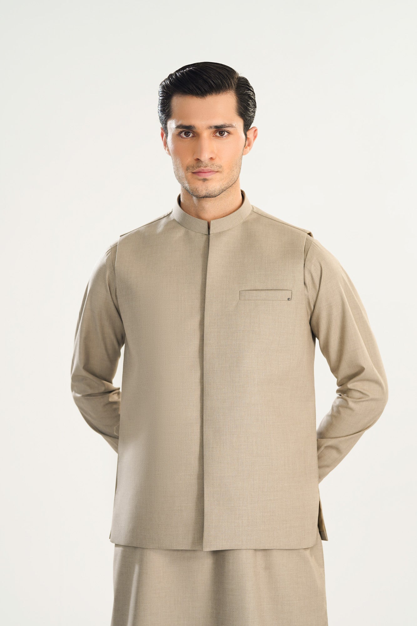 Sand Beige Kameez Shalwar with Blended Waistcoat - Straight Cut - Men