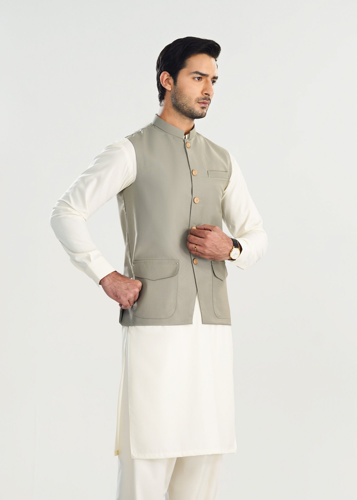 Bosky White Kurta Shalwar with Sand Grey Suiting Waistcoat - Straight Cut - Men
