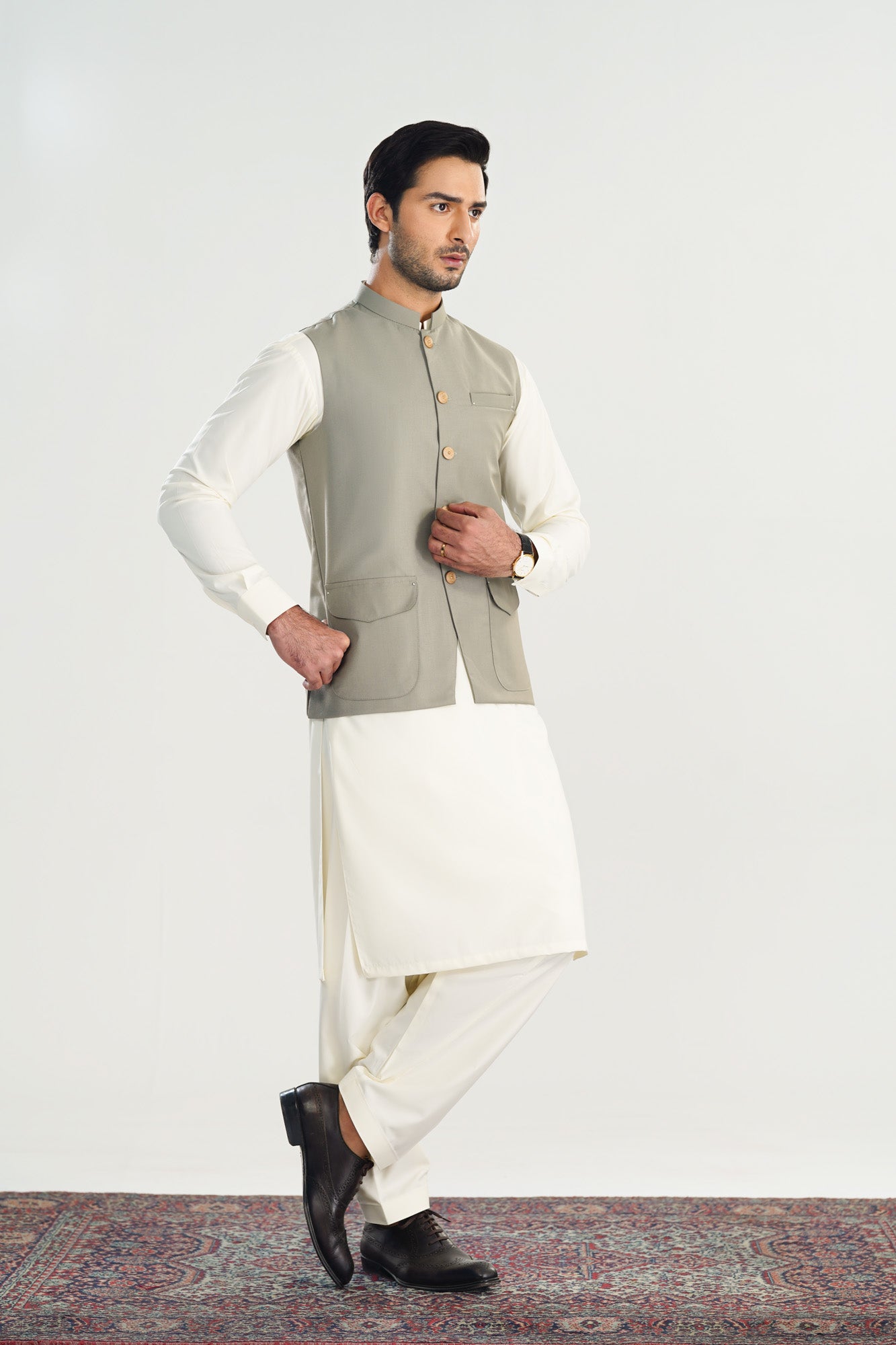 Bosky White Kurta Shalwar with Sand Grey Suiting Waistcoat - Straight Cut - Men
