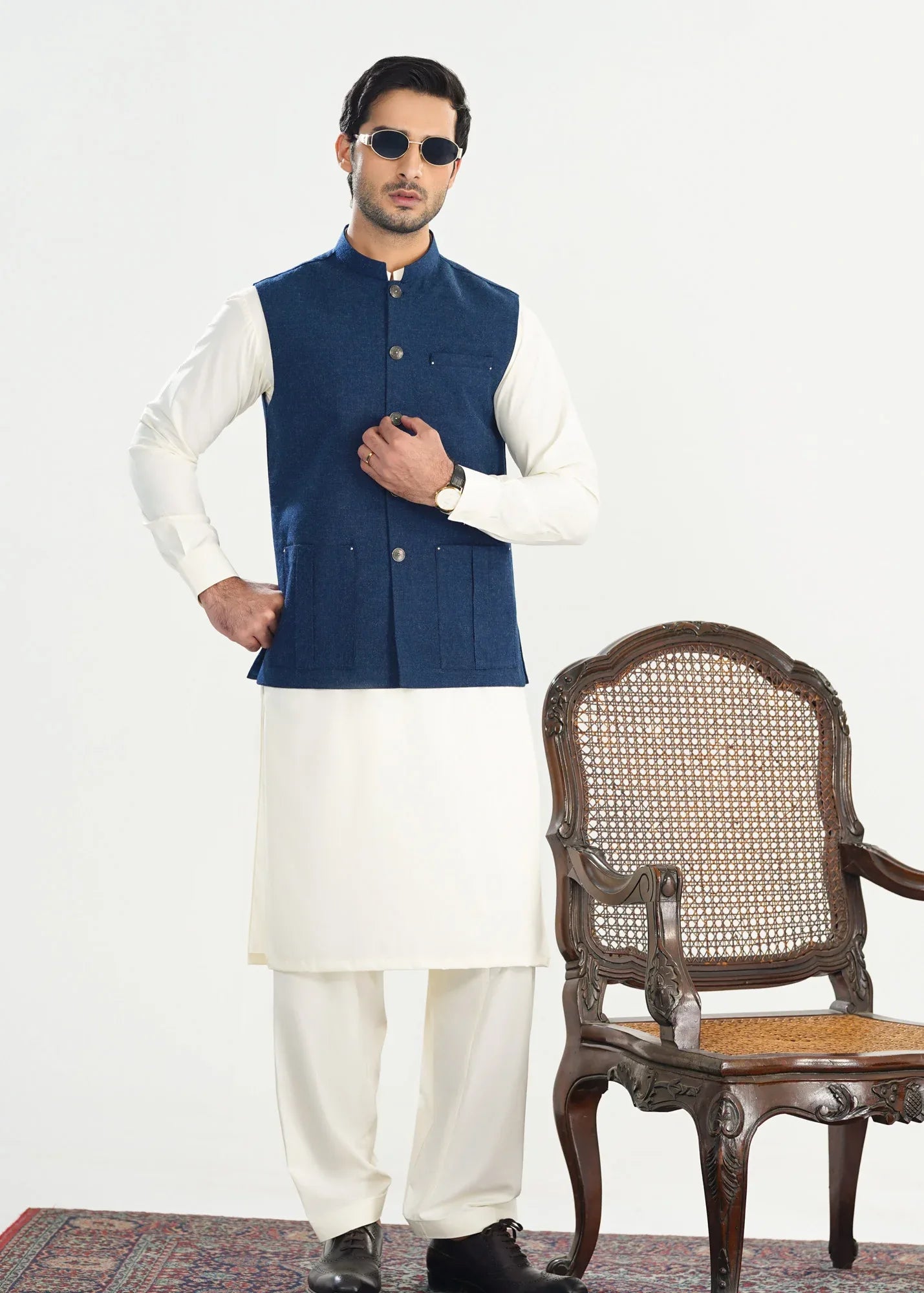Bosky White Kurta Shalwar with Midnight Blue Wool Waistcoat - Straight Cut - Men - Muraqsh -- Menswear