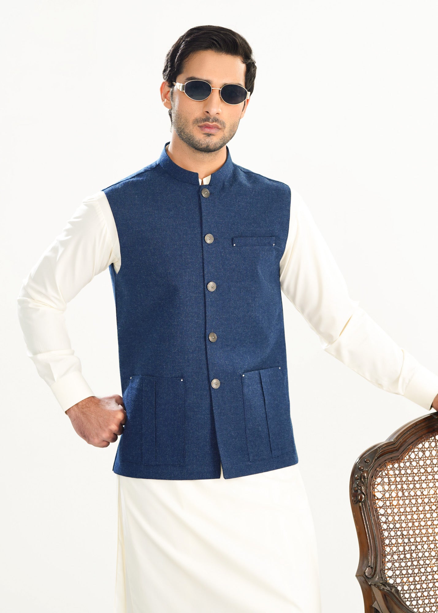 Bosky White Kurta Shalwar with Midnight Blue Wool Waistcoat - Straight Cut - Men
