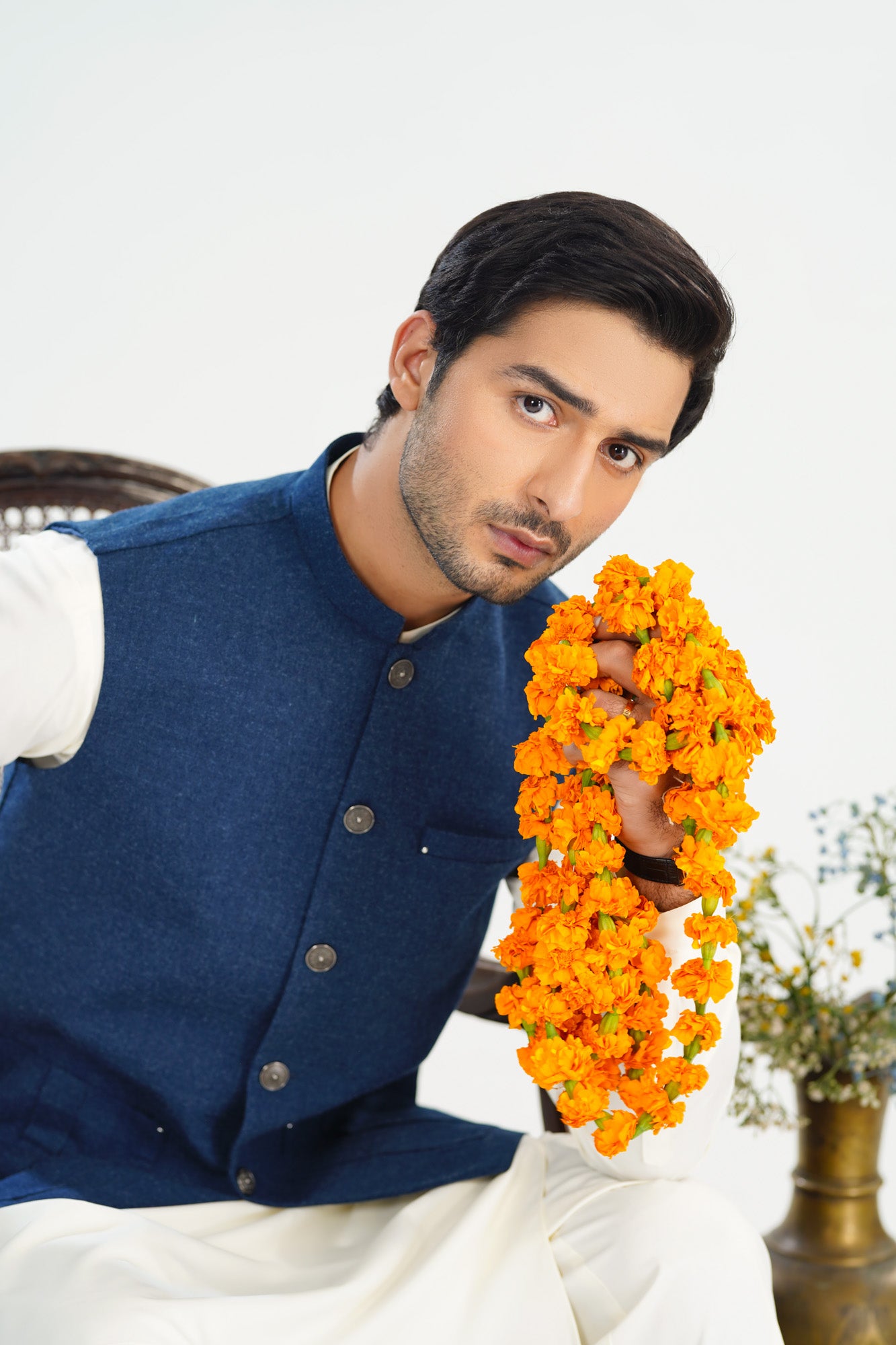 Bosky White Kurta Shalwar with Midnight Blue Wool Waistcoat - Straight Cut - Men