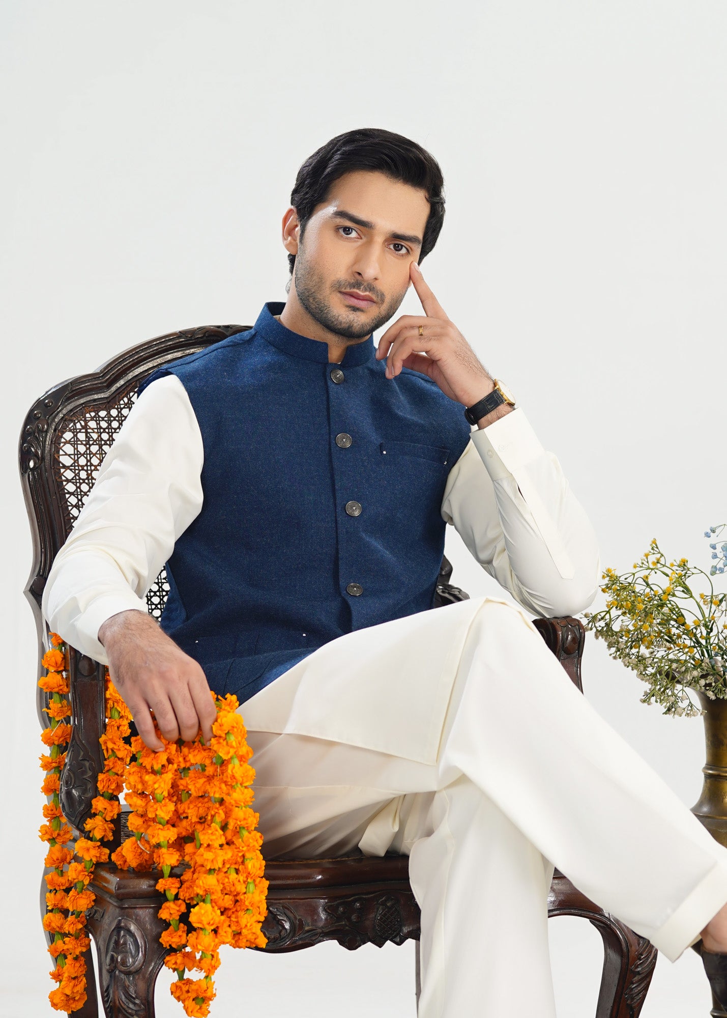 Bosky White Kurta Shalwar with Midnight Blue Wool Waistcoat - Straight Cut - Men