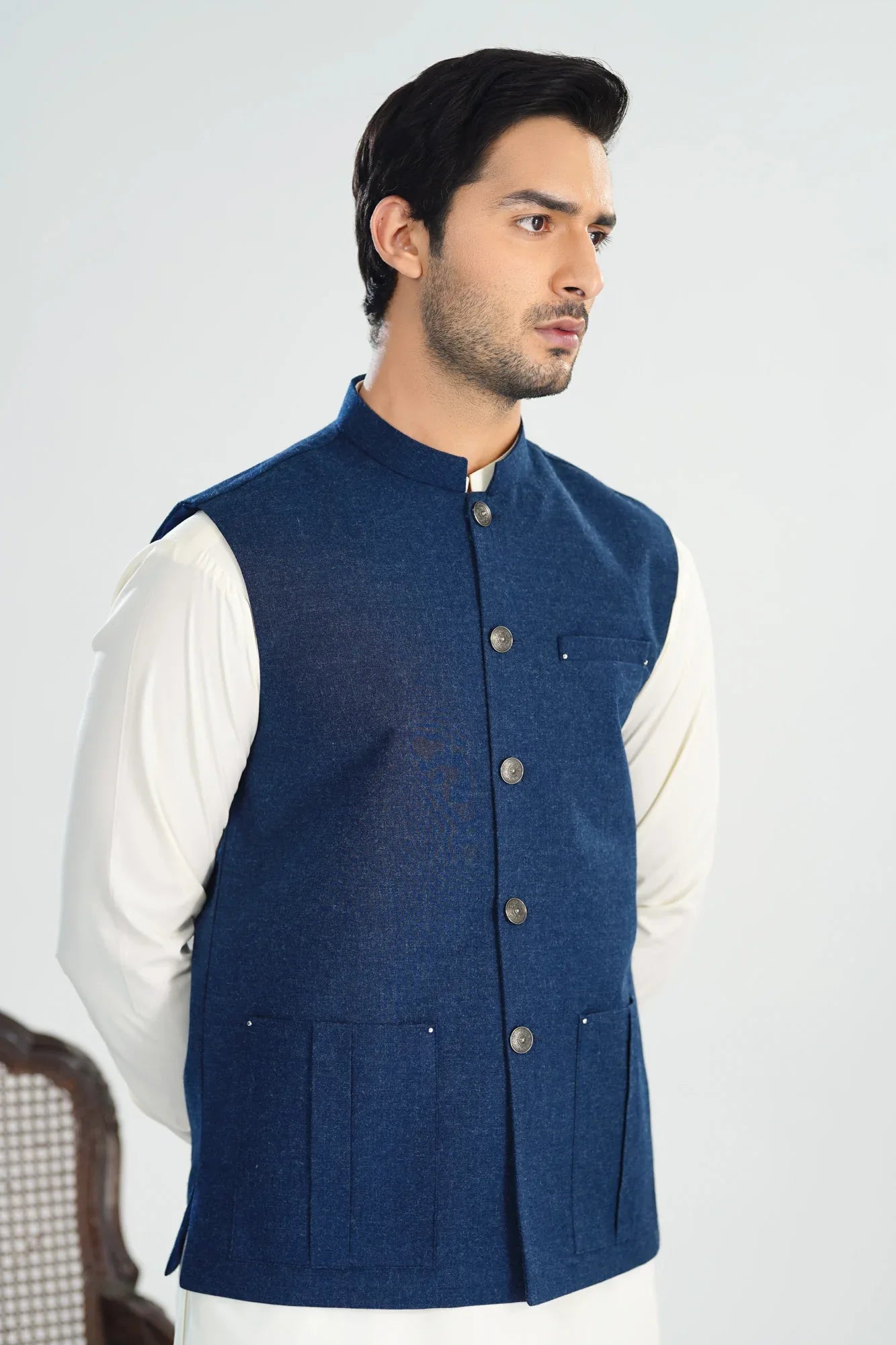 Bosky White Kurta Shalwar with Midnight Blue Wool Waistcoat - Straight Cut - Men - Muraqsh -- Menswear