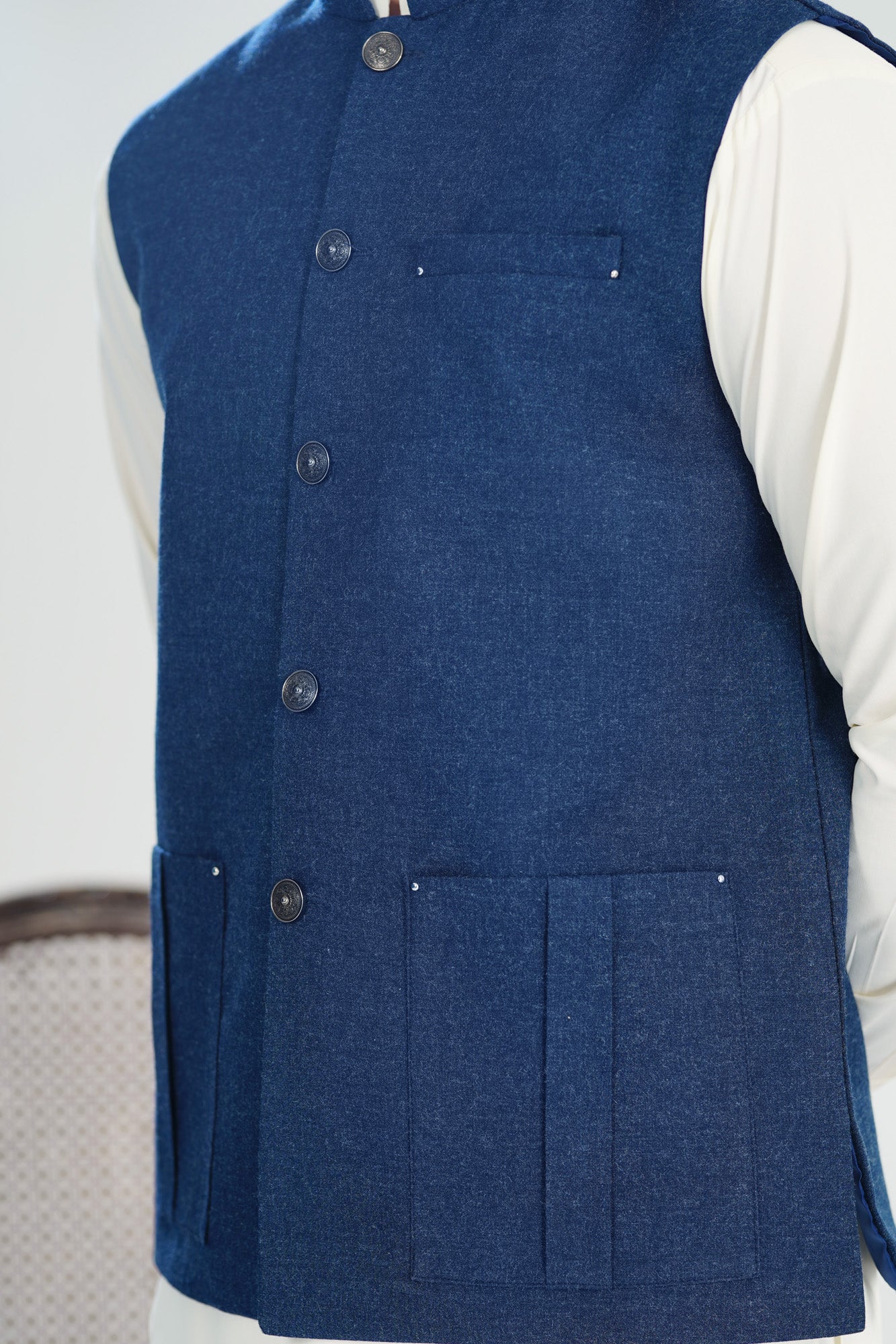 Bosky White Kurta Shalwar with Midnight Blue Wool Waistcoat - Straight Cut - Men