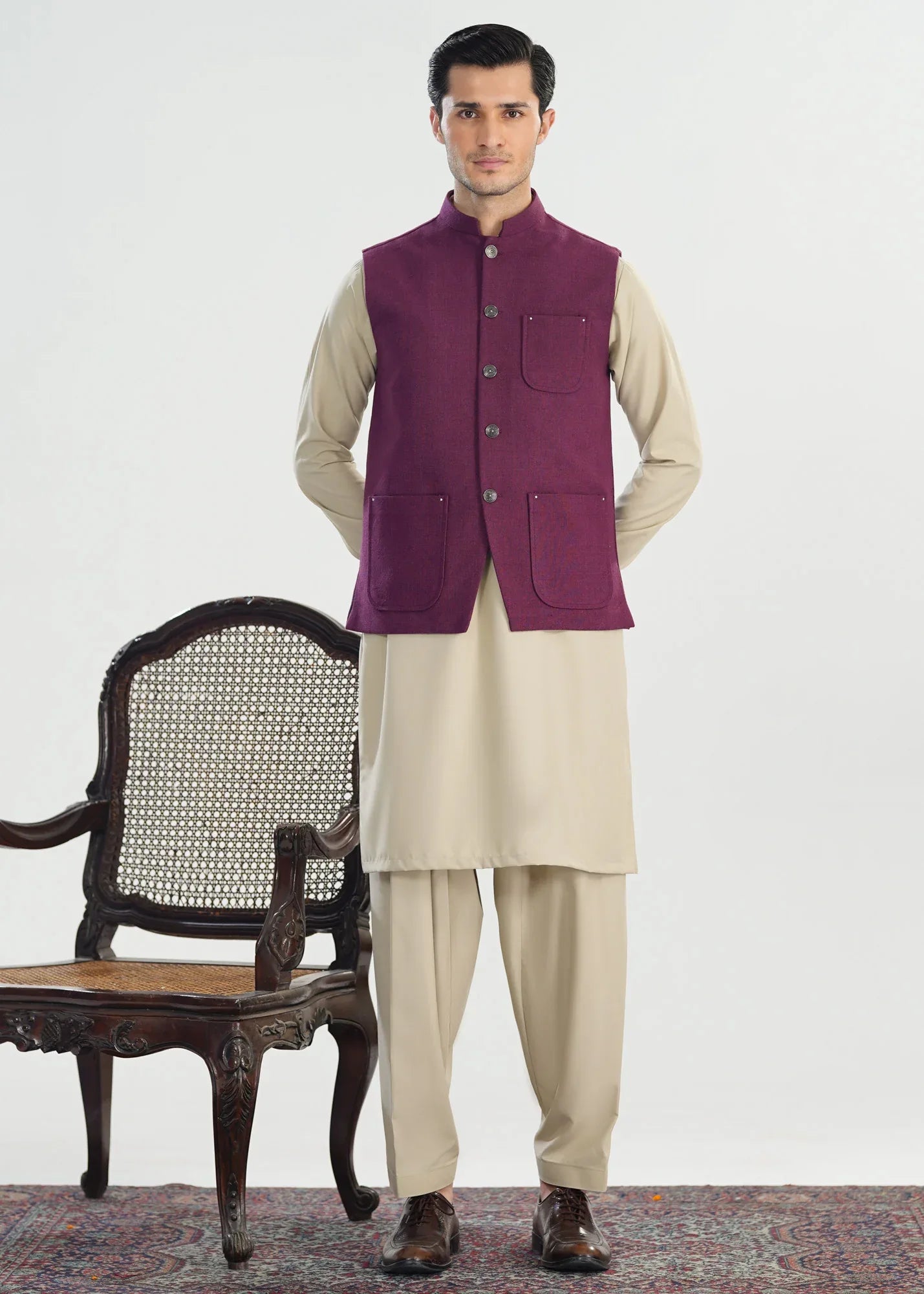 Plum Handloomed Khaddar Waistcoat - A-Line Cut - Men - Muraqsh -- Menswear