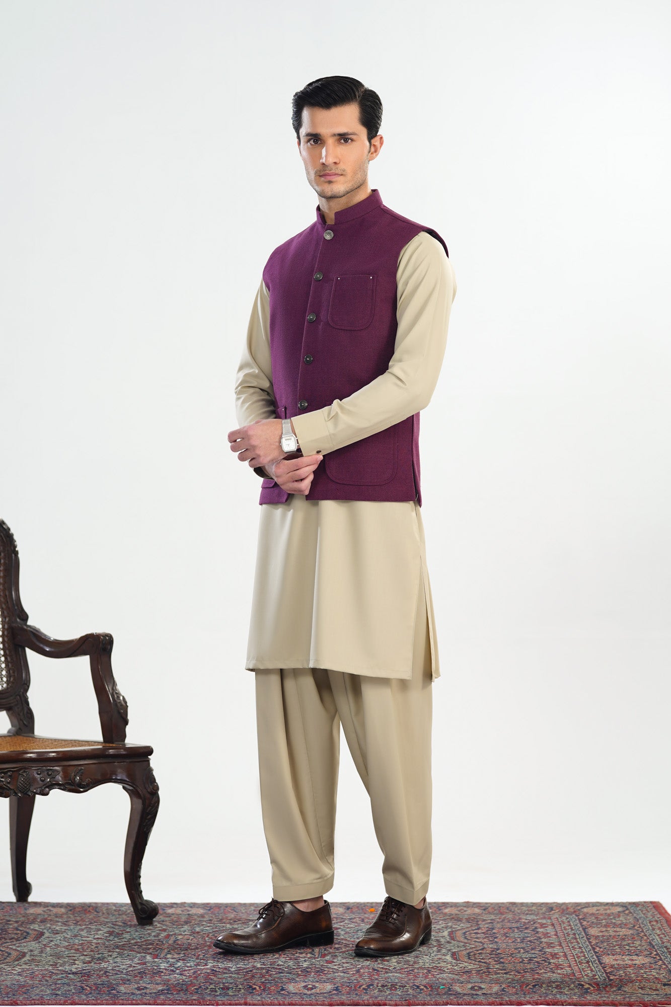 Bisque Kurta Shalwar with Plum Khaddar Waistcoat - A-Line Cut - Men
