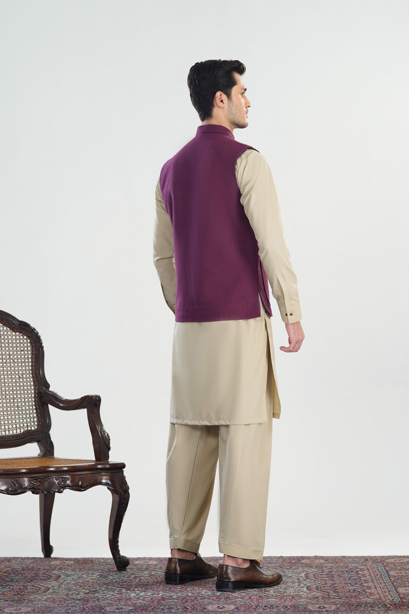 Bisque Kurta Shalwar with Plum Khaddar Waistcoat - A-Line Cut - Men