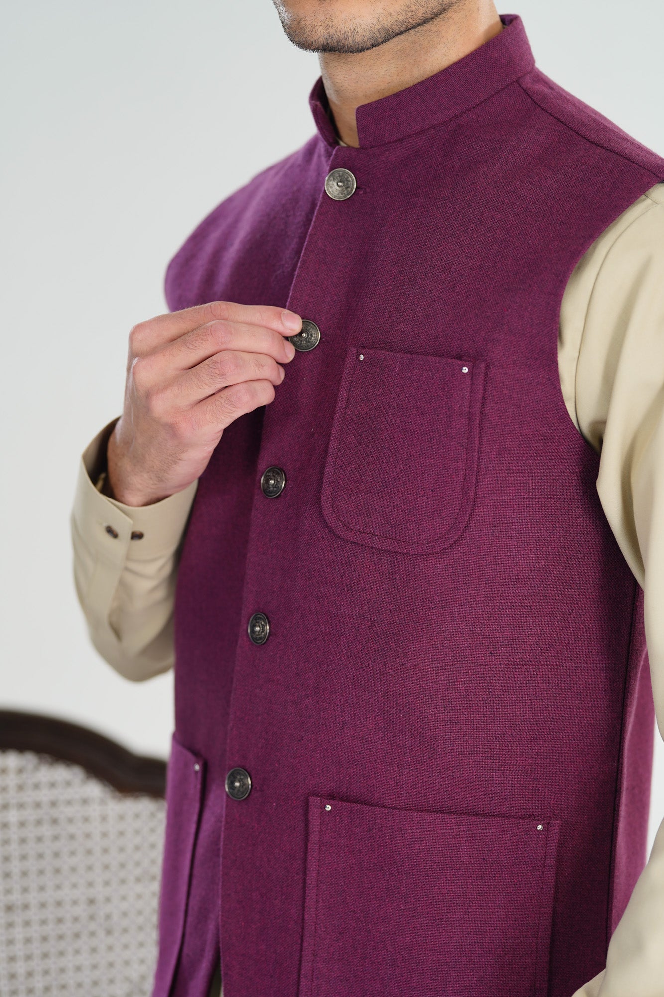 Plum Handloomed Khaddar Waistcoat - A-Line Cut - Men