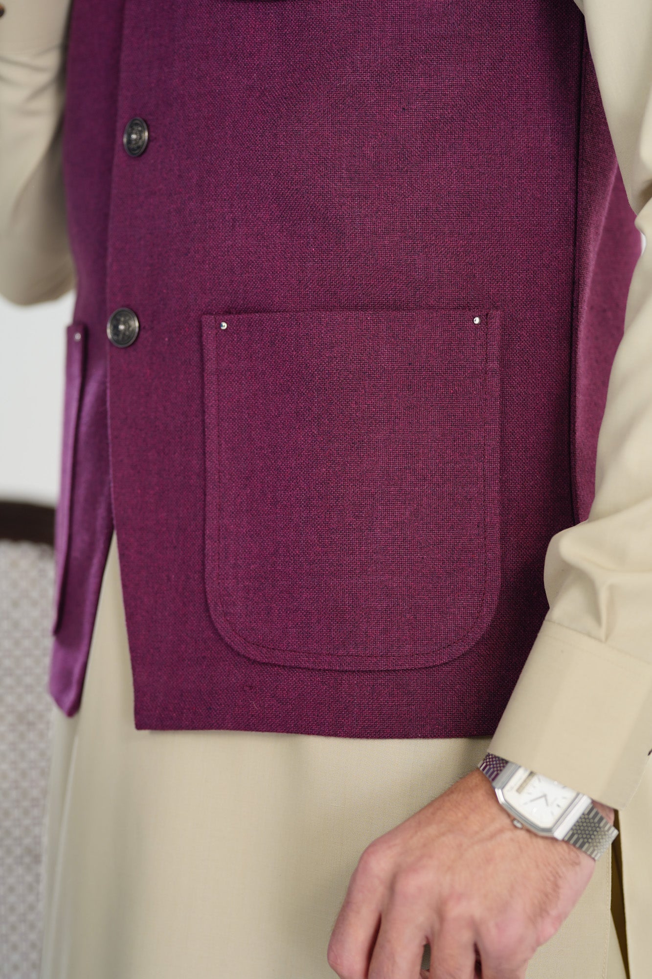 Plum Handloomed Khaddar Waistcoat - A-Line Cut - Men