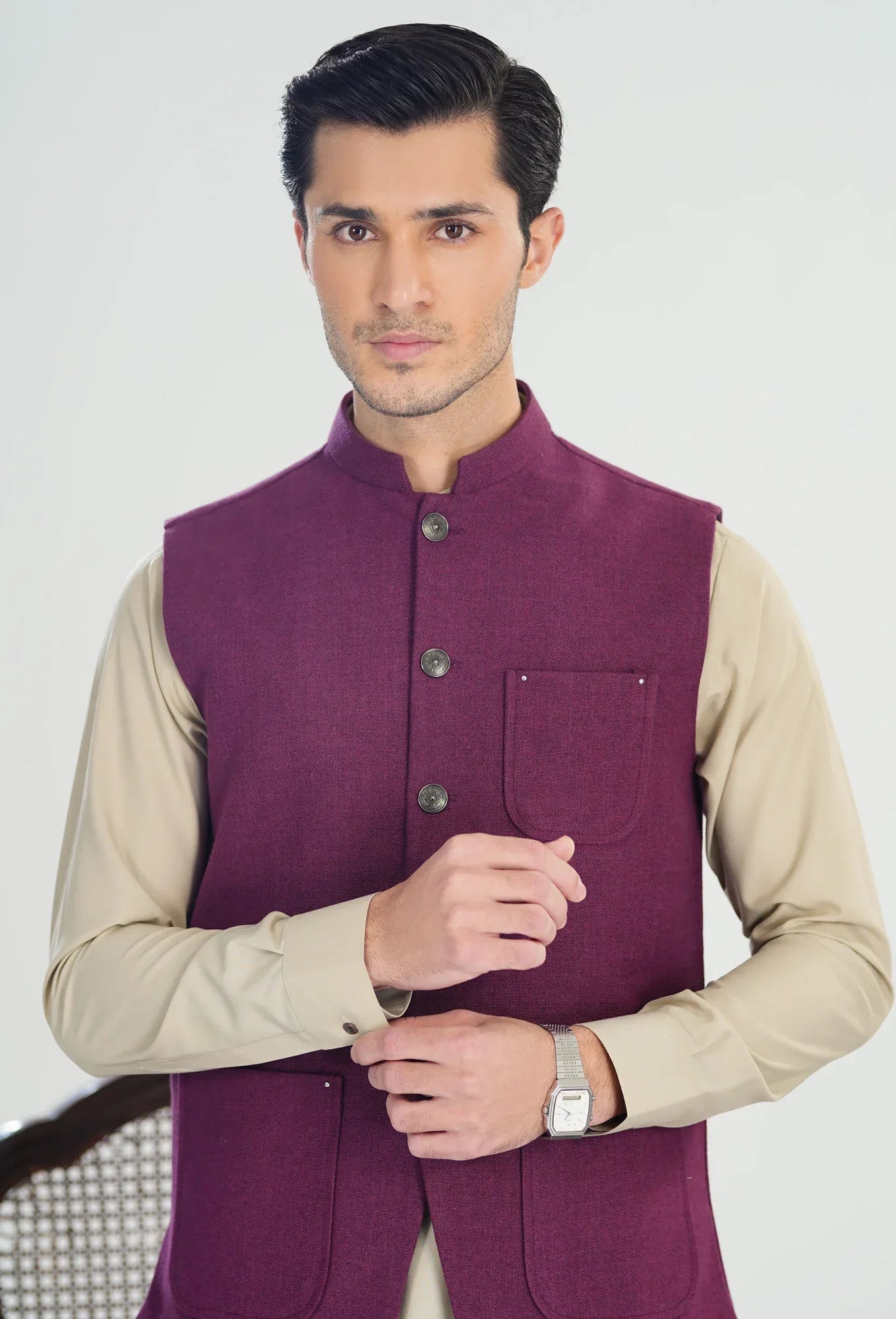 Plum Handloomed Khaddar Waistcoat - A-Line Cut - Men - Muraqsh -- Menswear