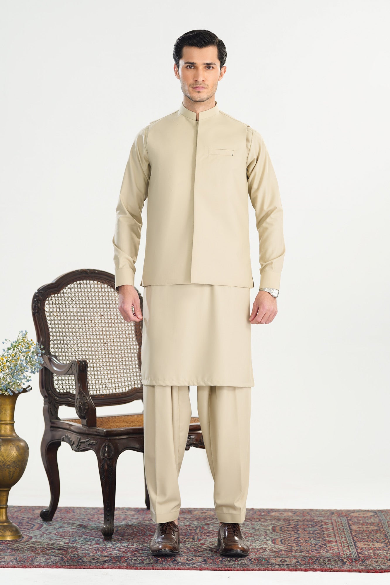 Bisque Kameez Shalwar with Blended Waistcoat - Straight Cut - Men