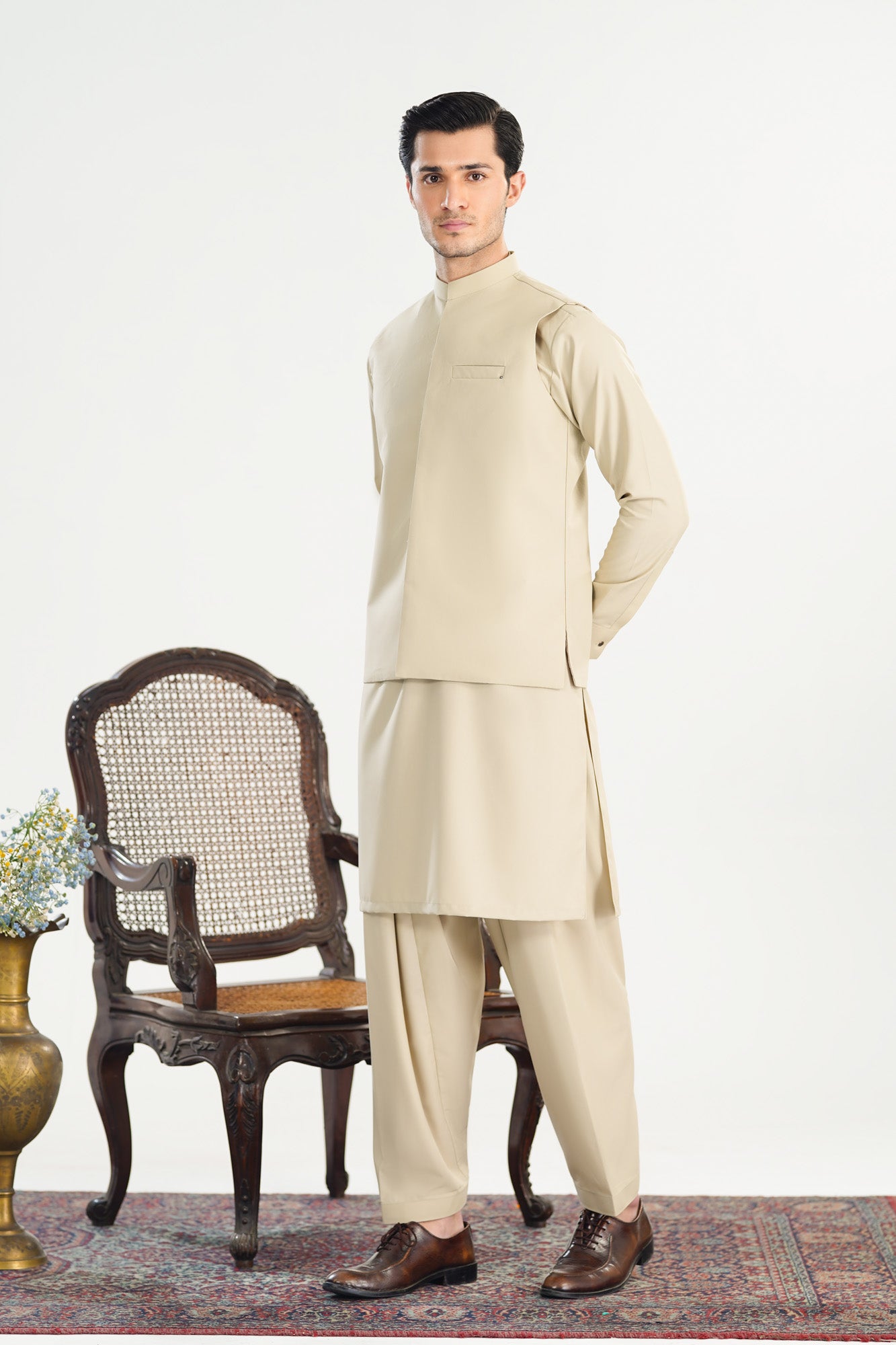 Bisque Kameez Shalwar with Blended Waistcoat - Straight Cut - Men
