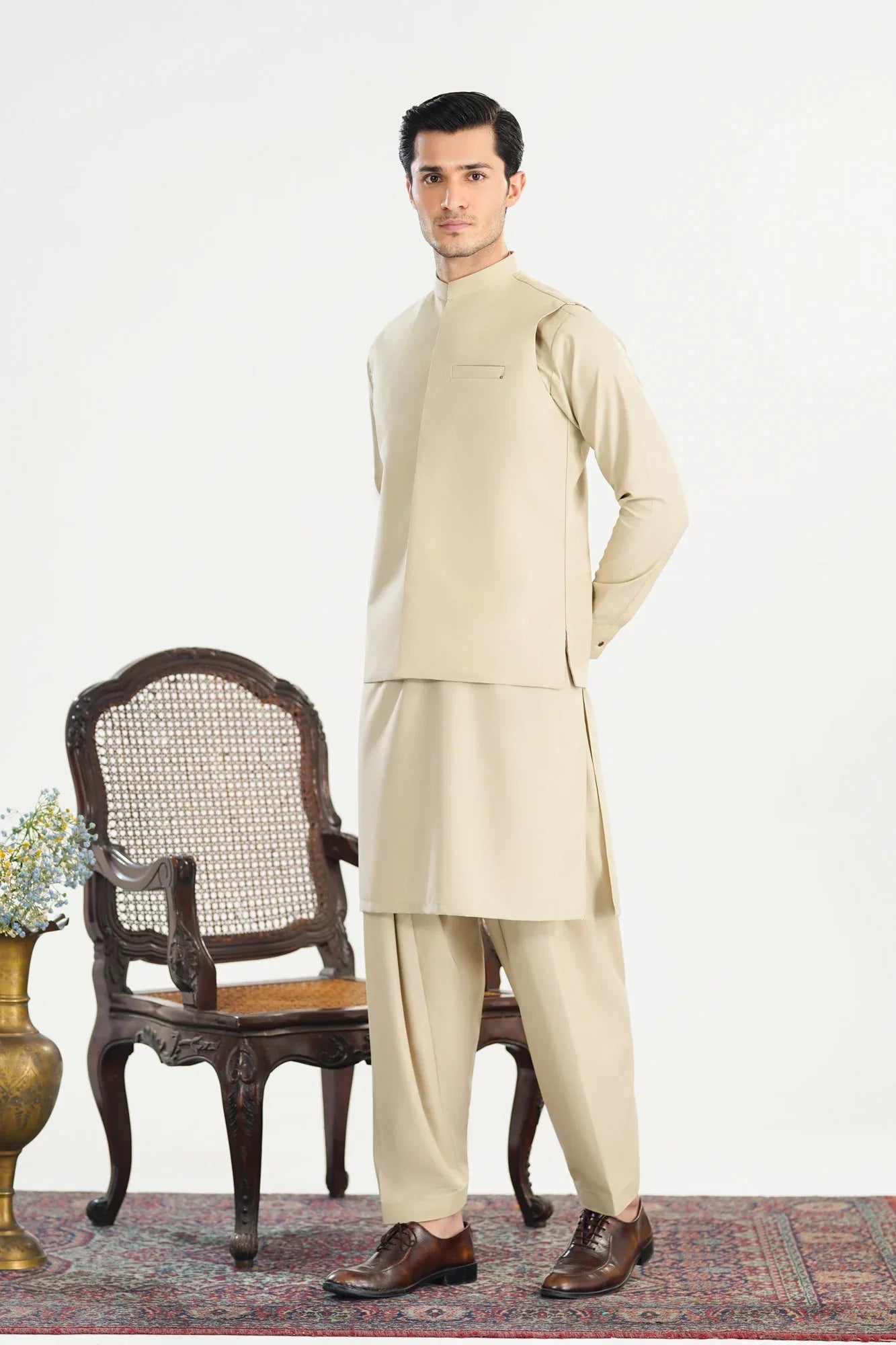 Bisque Kameez Shalwar with Blended Waistcoat - Straight Cut - Men - Muraqsh -- Menswear