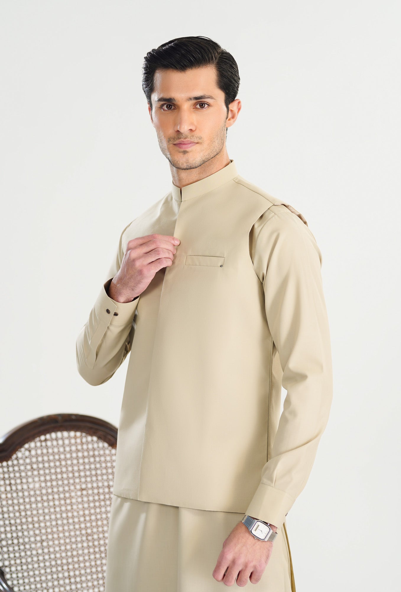 Bisque Kameez Shalwar with Blended Waistcoat - Straight Cut - Men
