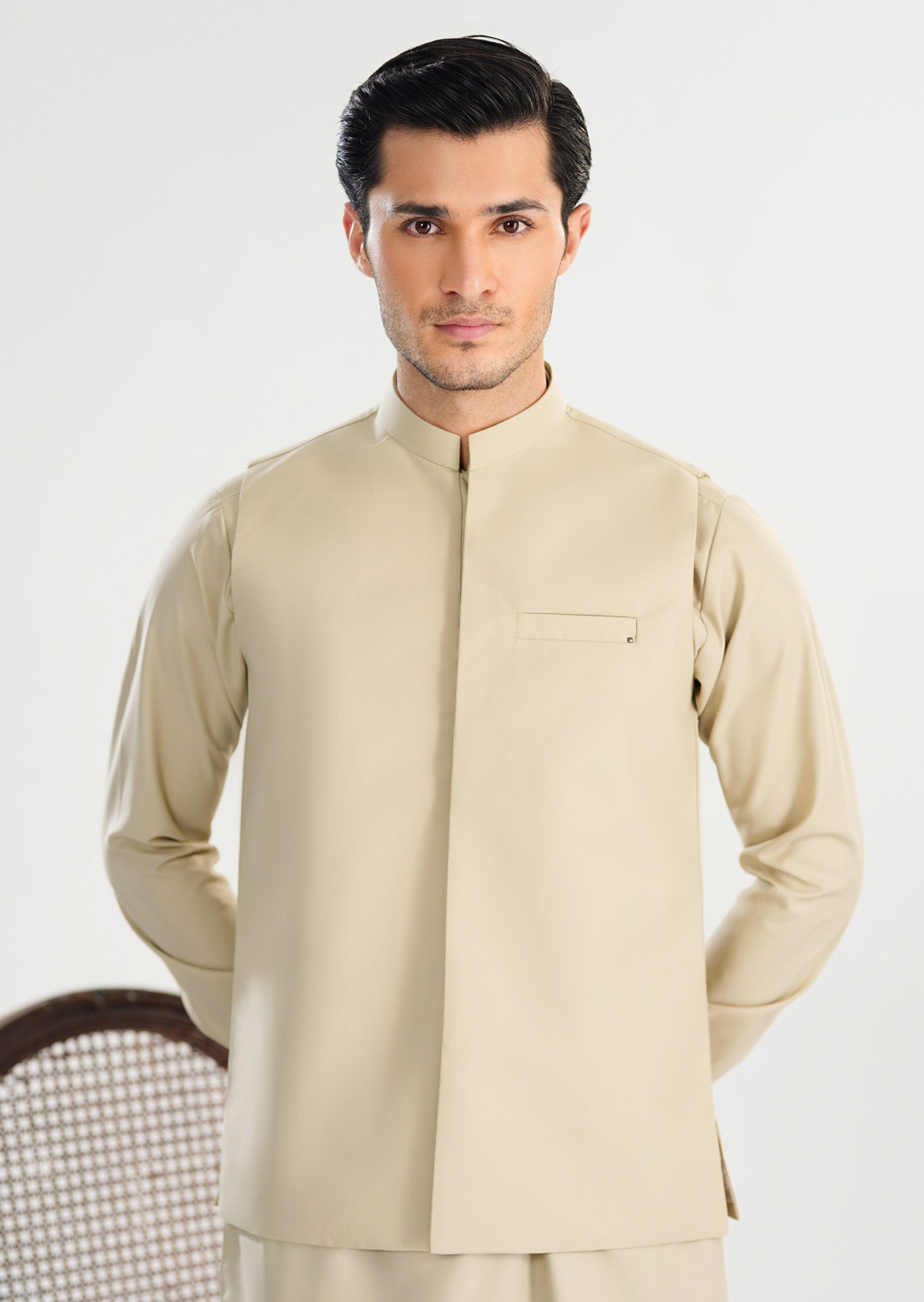 Bisque Kameez Shalwar with Blended Waistcoat - Straight Cut - Men