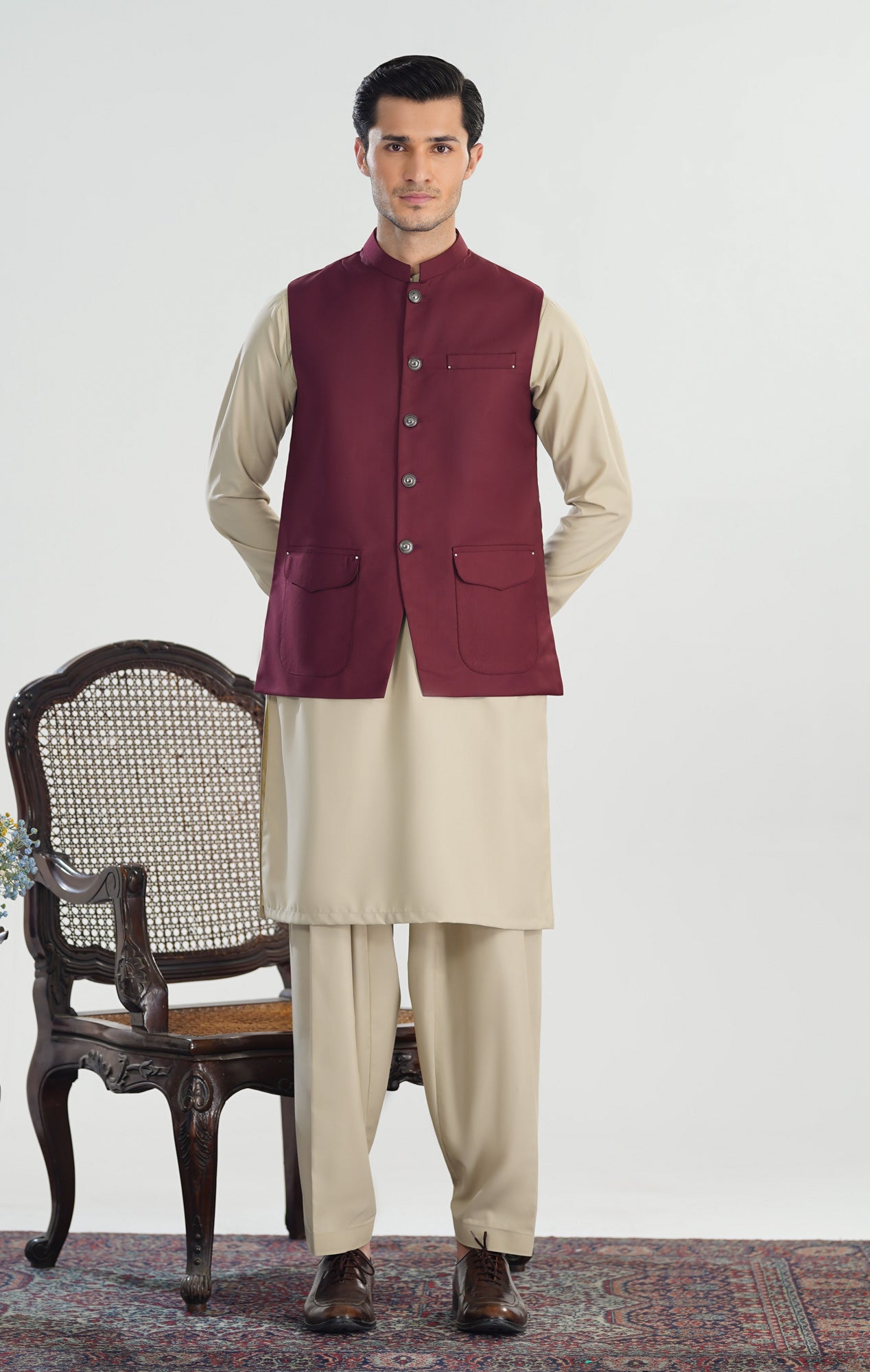 Bisque Kurta Shalwar with Burgundy Suiting Waistcoat - Straight Cut - Men